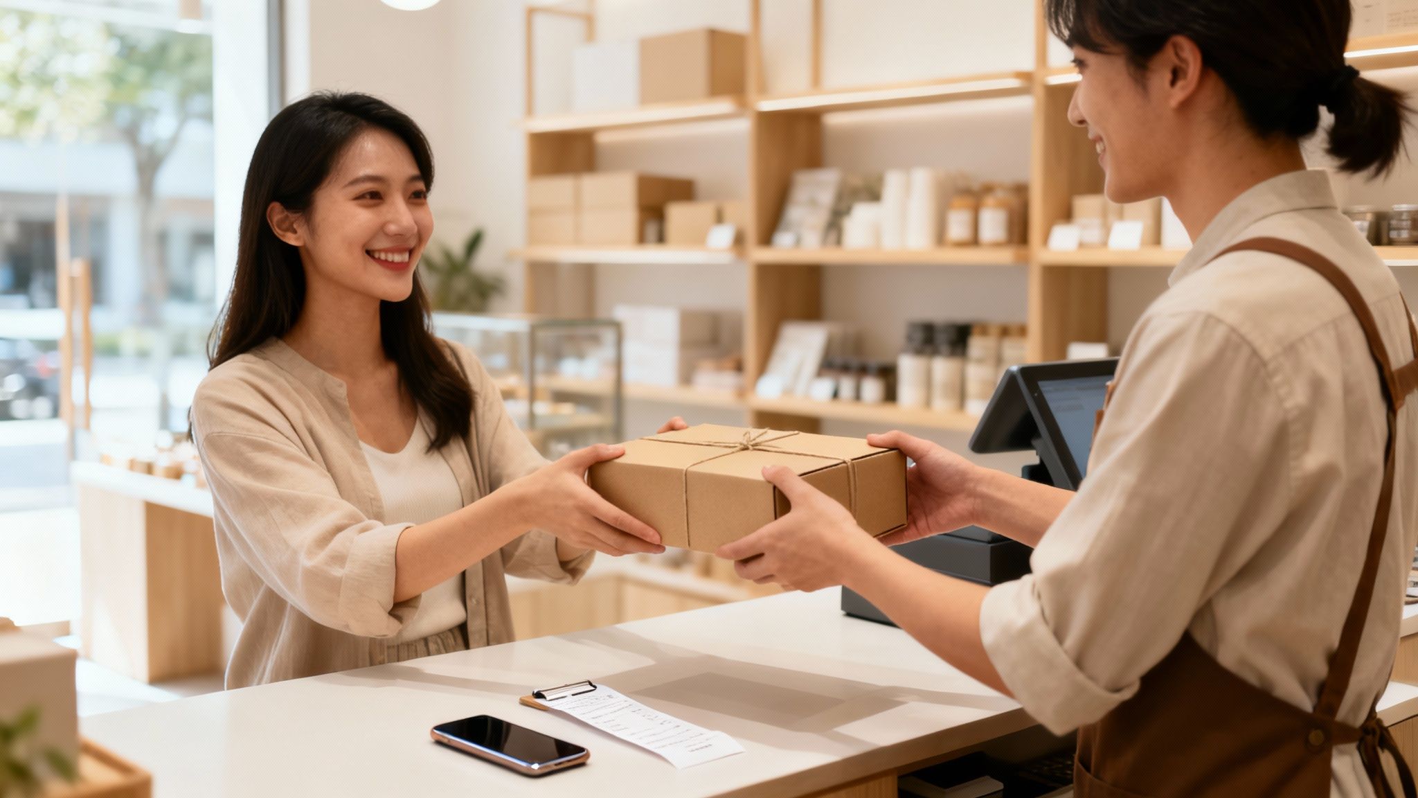 Smiling customer receives a package from a cheerful shop assistant at a modern store counter.