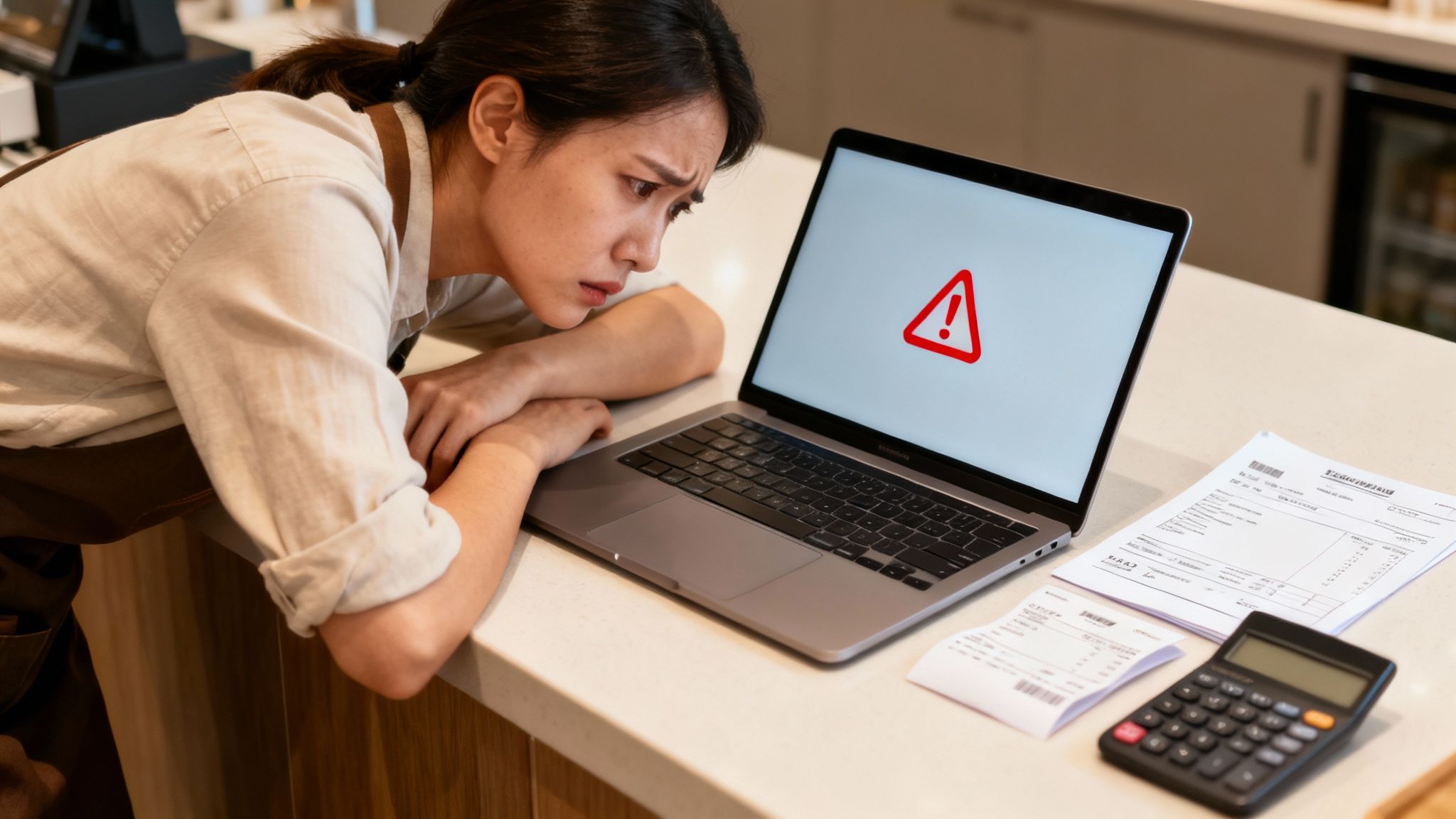 A distressed woman in an apron looking at a laptop with a warning sign, next to receipts and a calculator.
