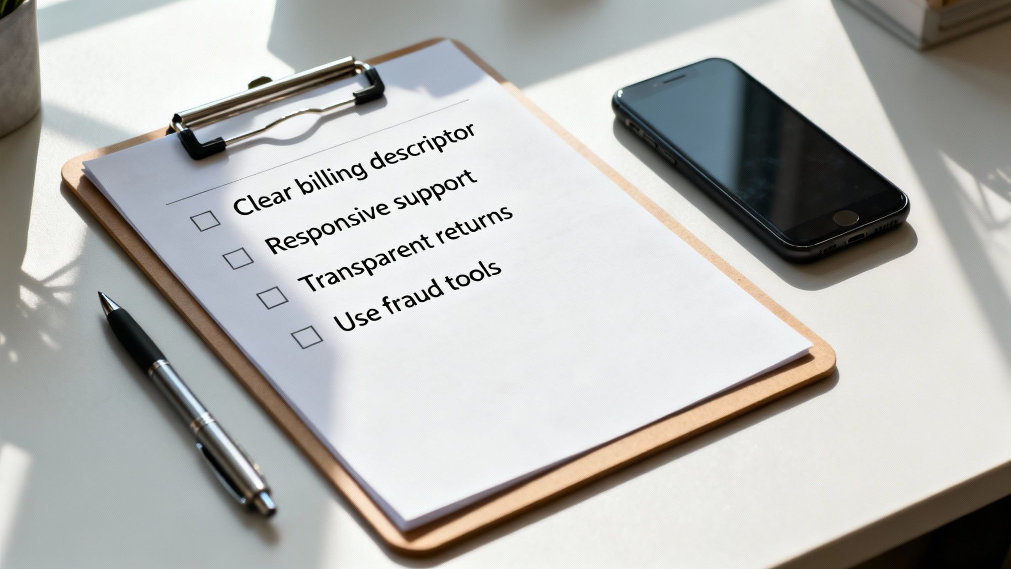 Clipboard with a checklist for payment processing: clear billing, responsive support, fraud tools.