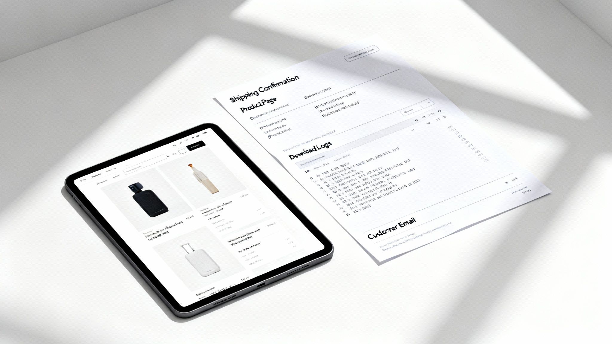 A tablet showing an e-commerce product page alongside a document with shipping confirmation and download logs.