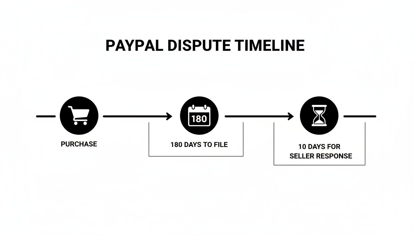 A PayPal dispute timeline infographic showing purchase, 180 days to file, and 10 days for seller response.