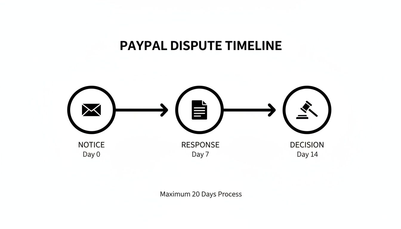 PayPal dispute timeline showing three stages: Notice (Day 0), Response (Day 7), and Decision (Day 14).