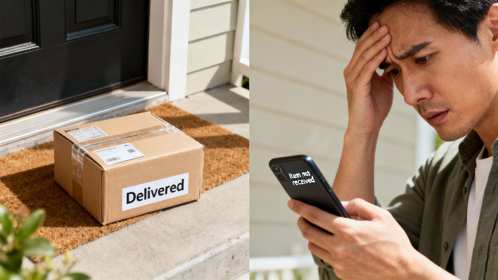 A delivered package on a doorstep contrasted with a man reporting 'item not received' on his phone.