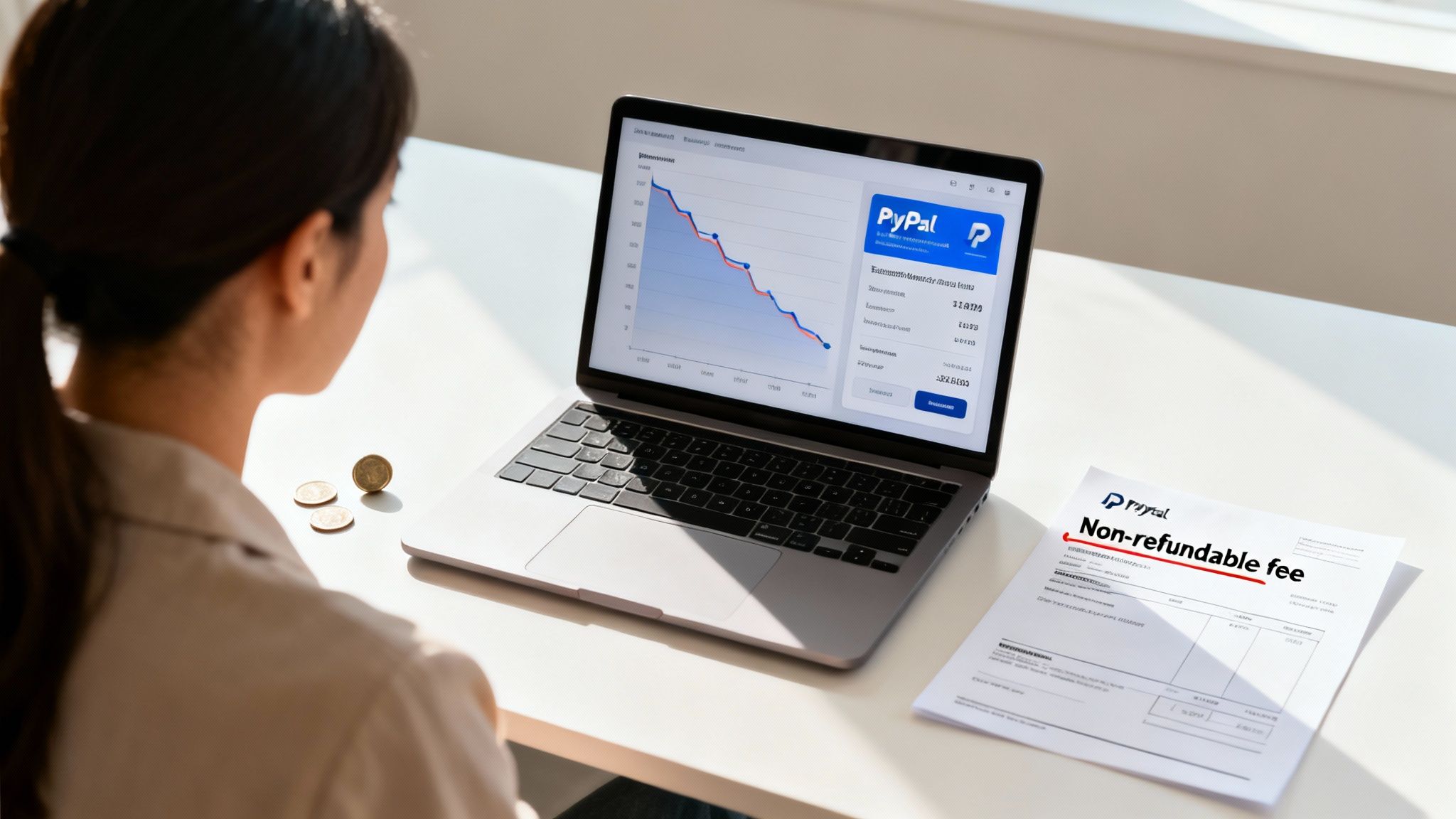 A woman reviews PayPal financial data on a laptop and a non-refundable fee document.