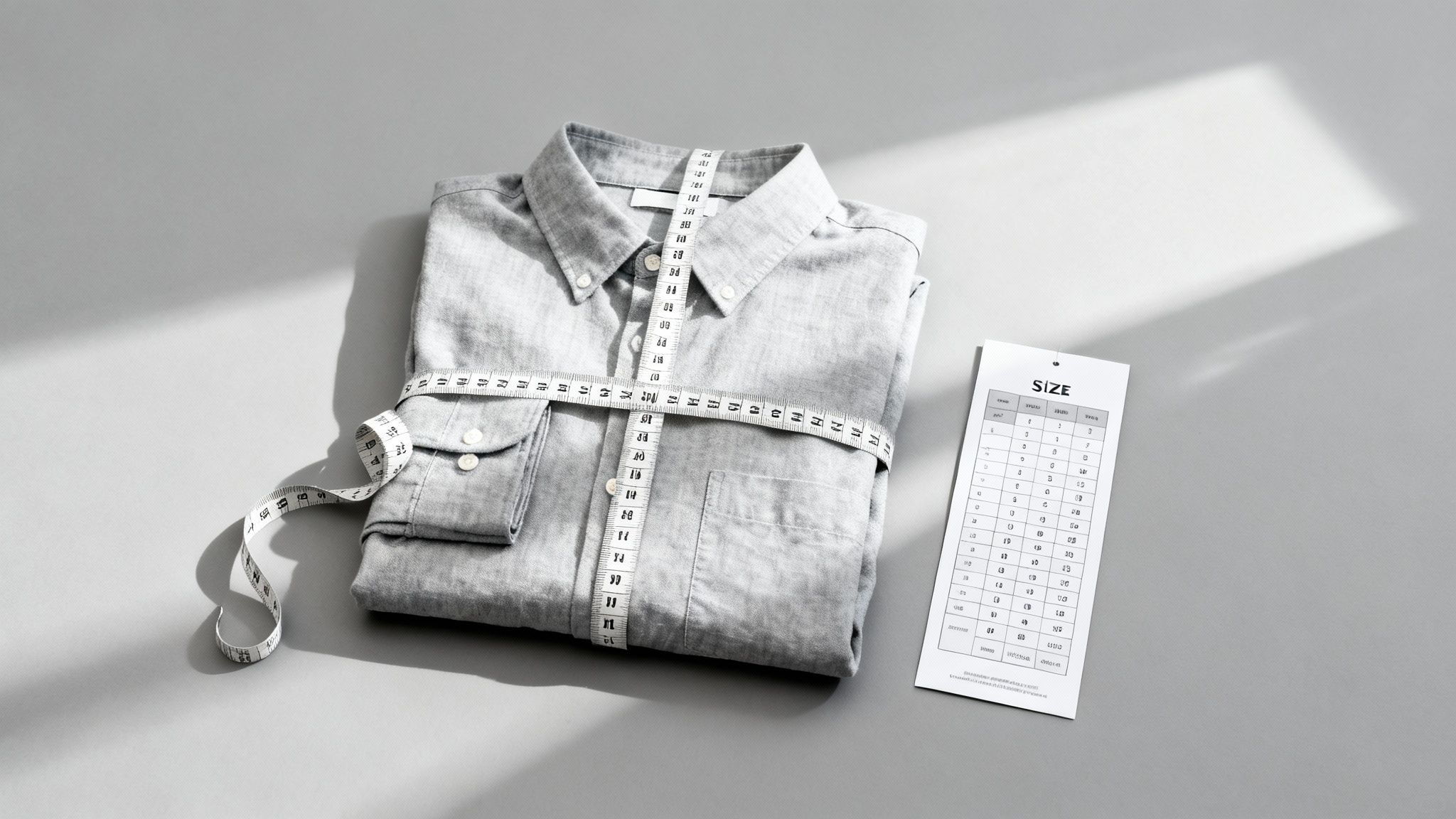 A neatly folded gray shirt with a measuring tape wrapped around it, alongside a size chart tag.