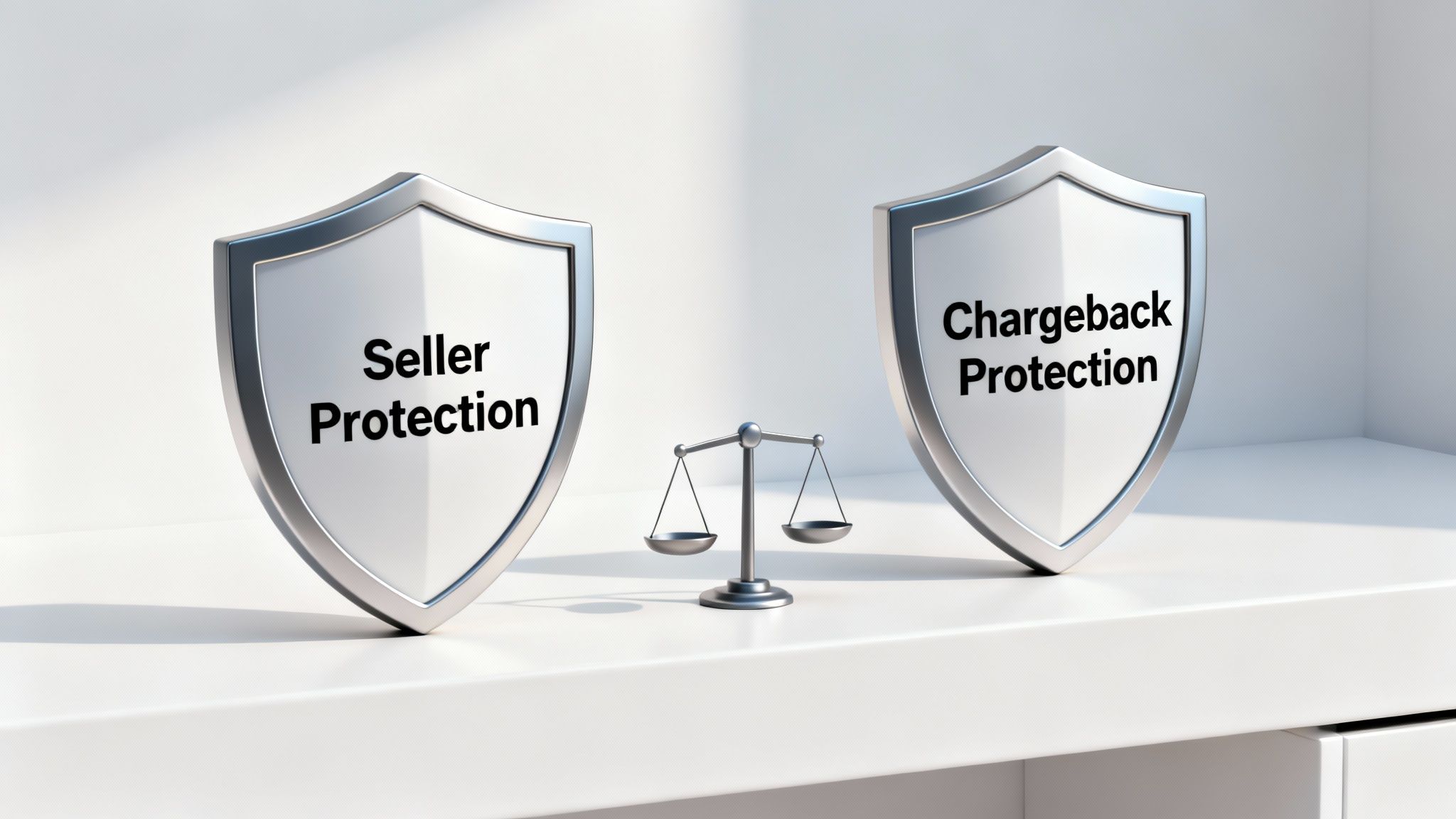 Two shields representing Seller Protection and Chargeback Protection, with scales of justice balancing them.