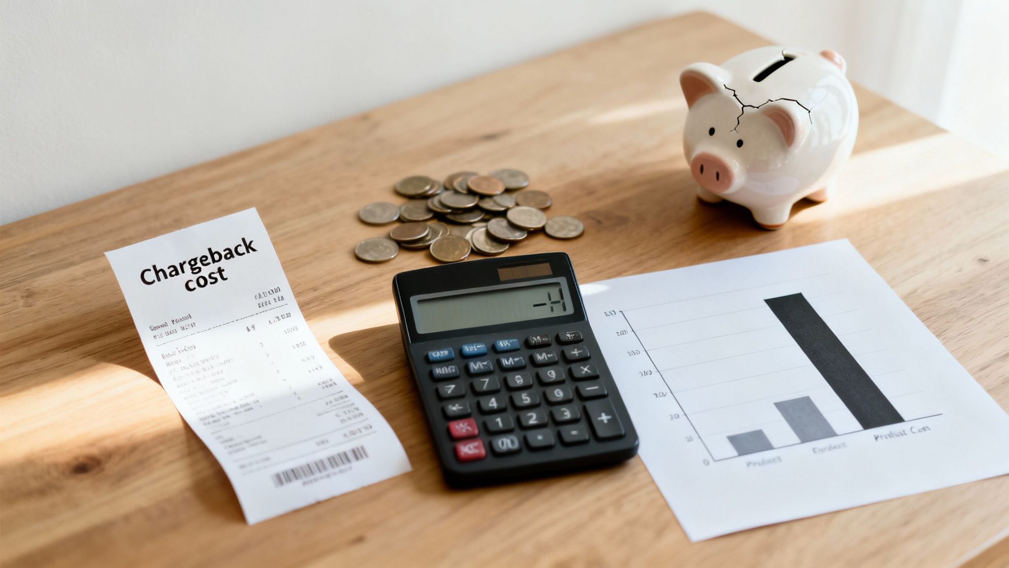 Receipt labeled 'Chargeback cost' with a calculator, coins, broken piggy bank, and a bar chart.
