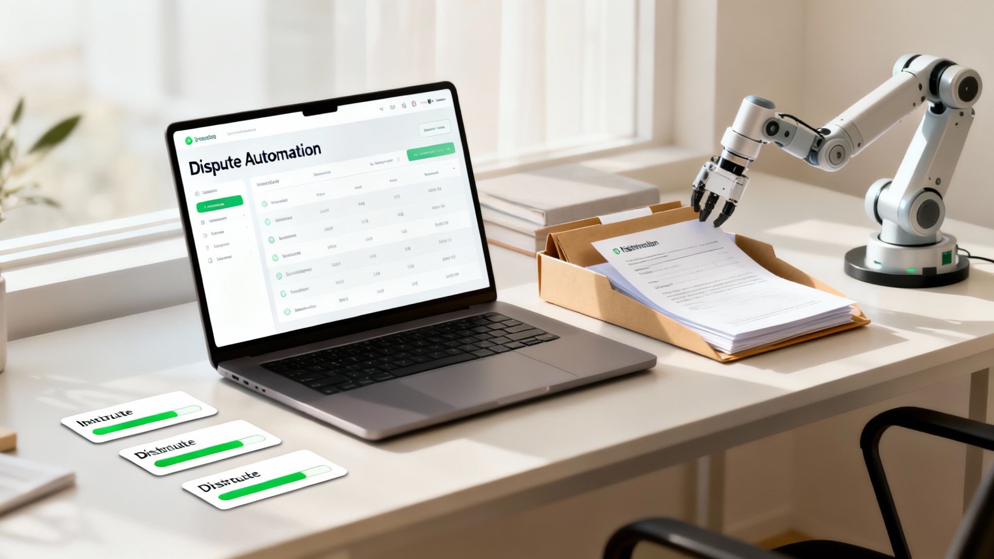 A robotic arm assists with document processing on a desk with a laptop displaying 'Dispute Automation' software.