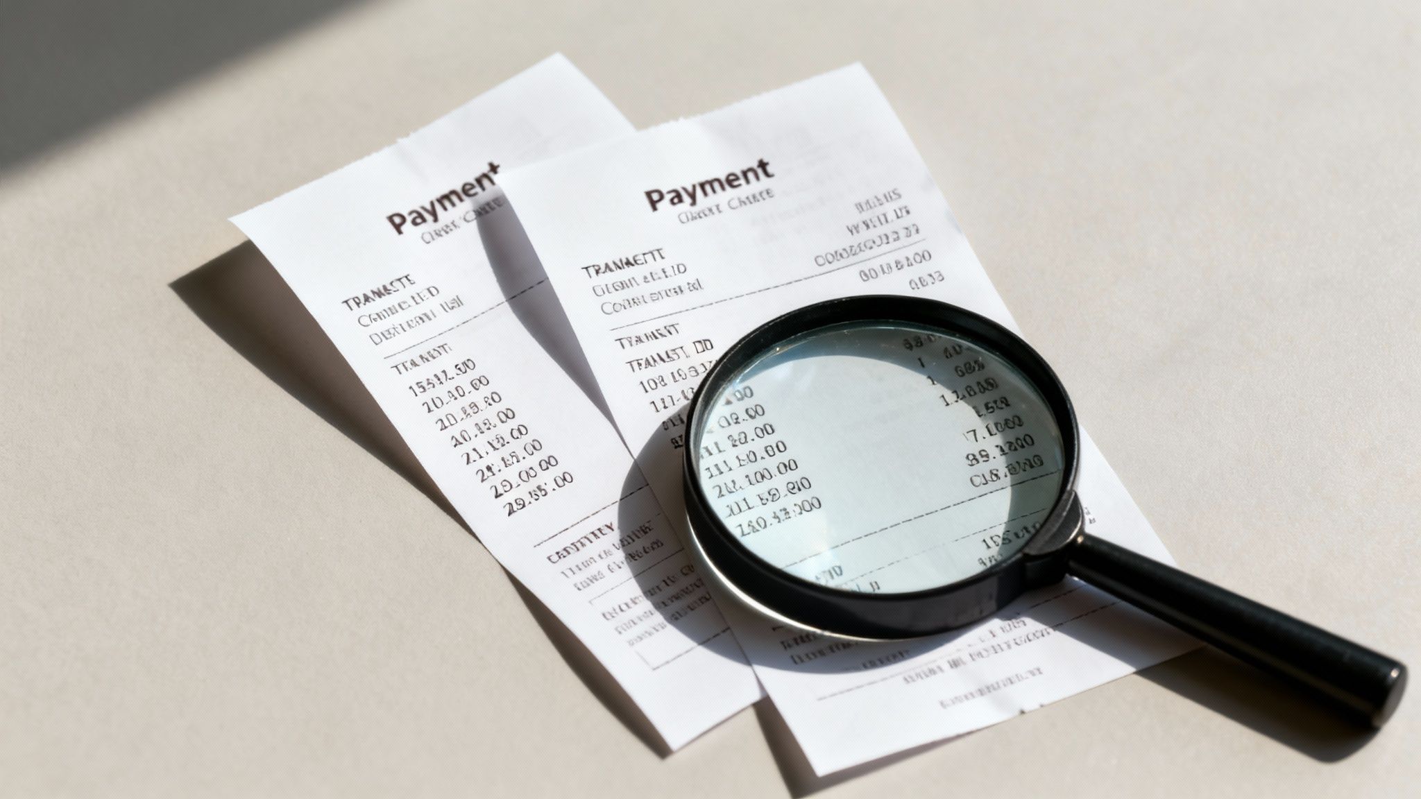 A magnifying glass rests on two paper payment receipts, suggesting financial review.