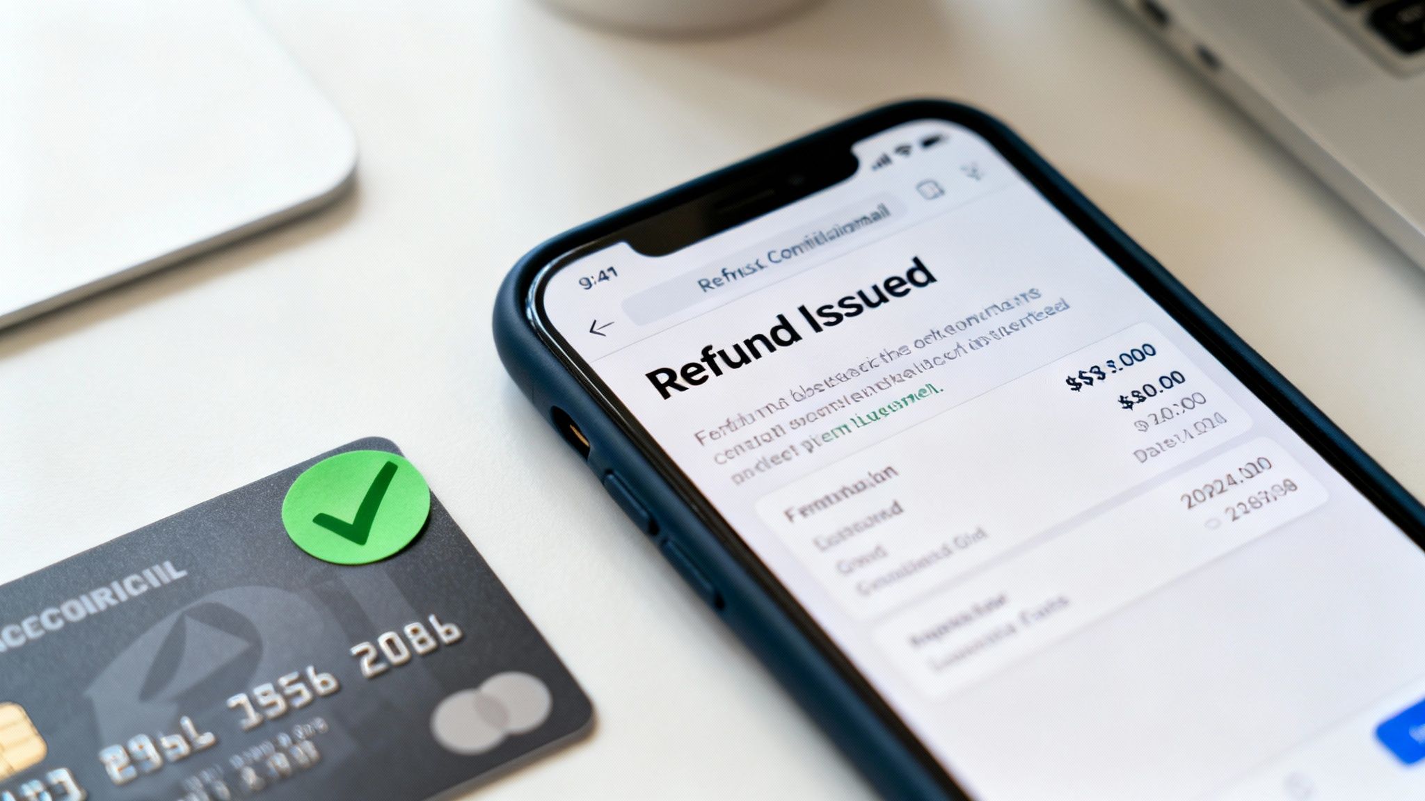 A smartphone displaying a 'Refund Issued' notification next to a credit card with a green checkmark, indicating a successful transaction.
