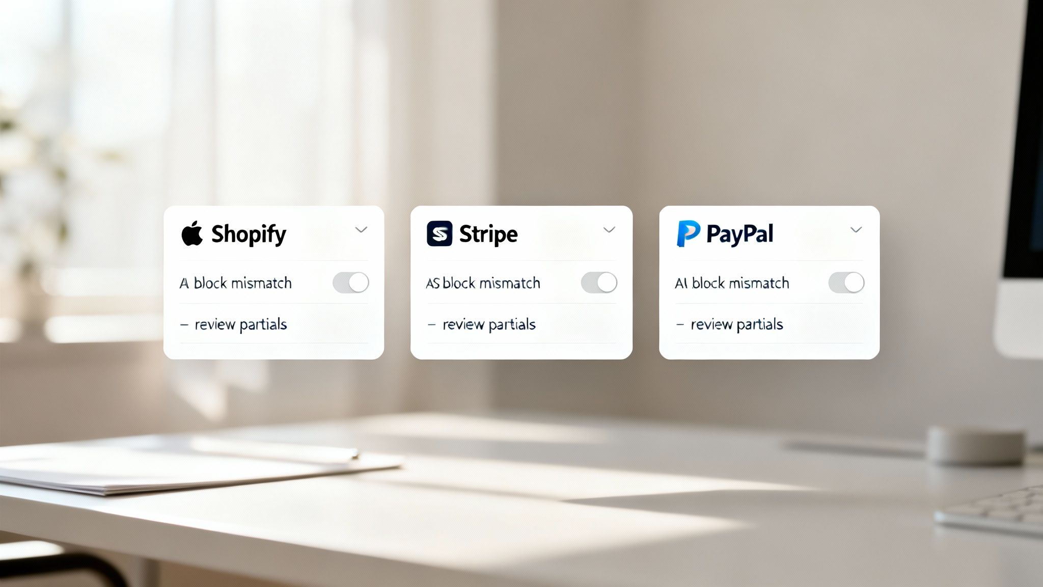 Three UI cards showing 'block mismatch' status and 'review partials' for Shopify, Stripe, and PayPal.