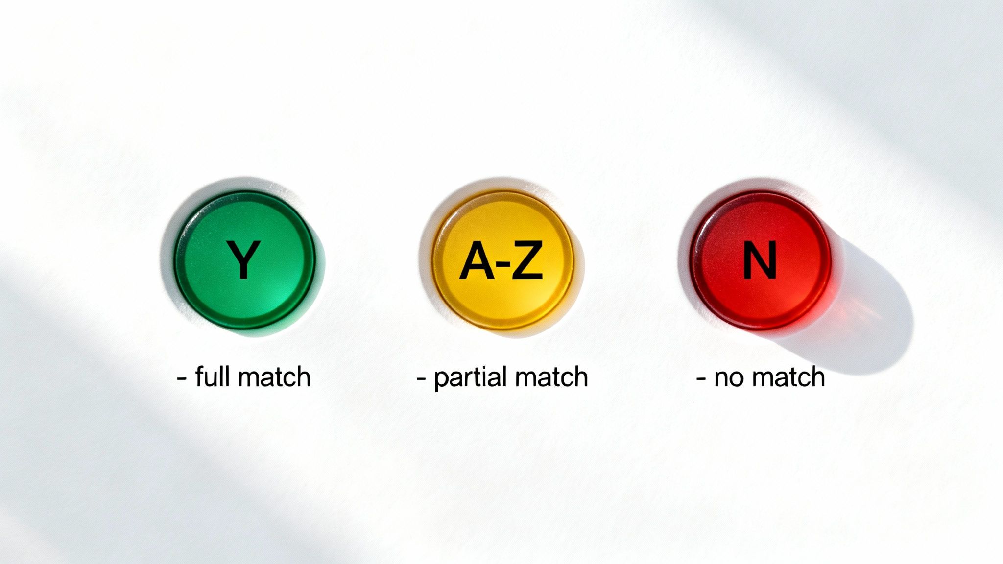 Three circular indicators: green 'Y' for full match, yellow 'A-Z' for partial, and red 'N' for no match.