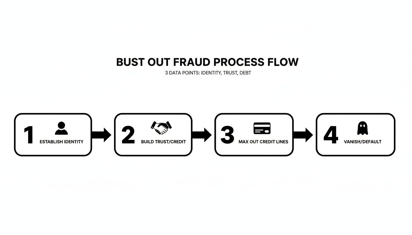 A detailed diagram illustrating the four-step bust out fraud process flow.