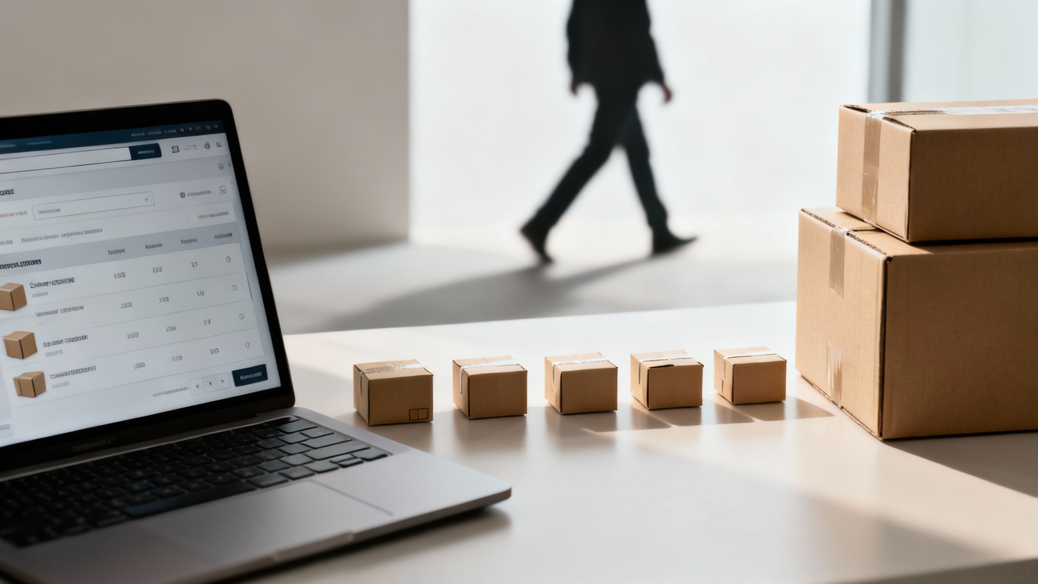 A laptop displaying logistics data and cardboard boxes on a desk, with a blurred person in the background.