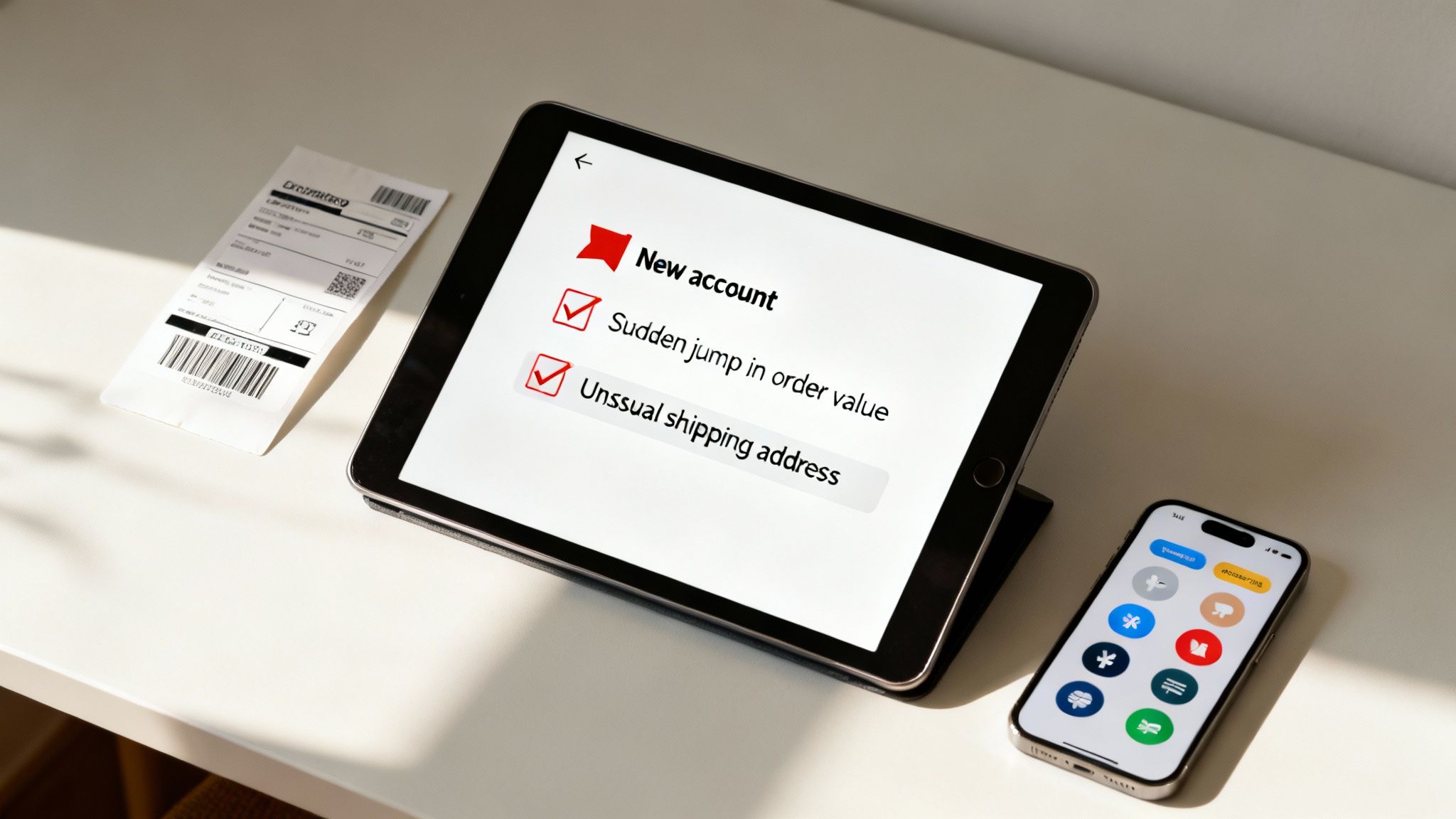 Tablet displays fraud risk checklist: new account, order value jump, unusual shipping address. A receipt and phone are nearby.