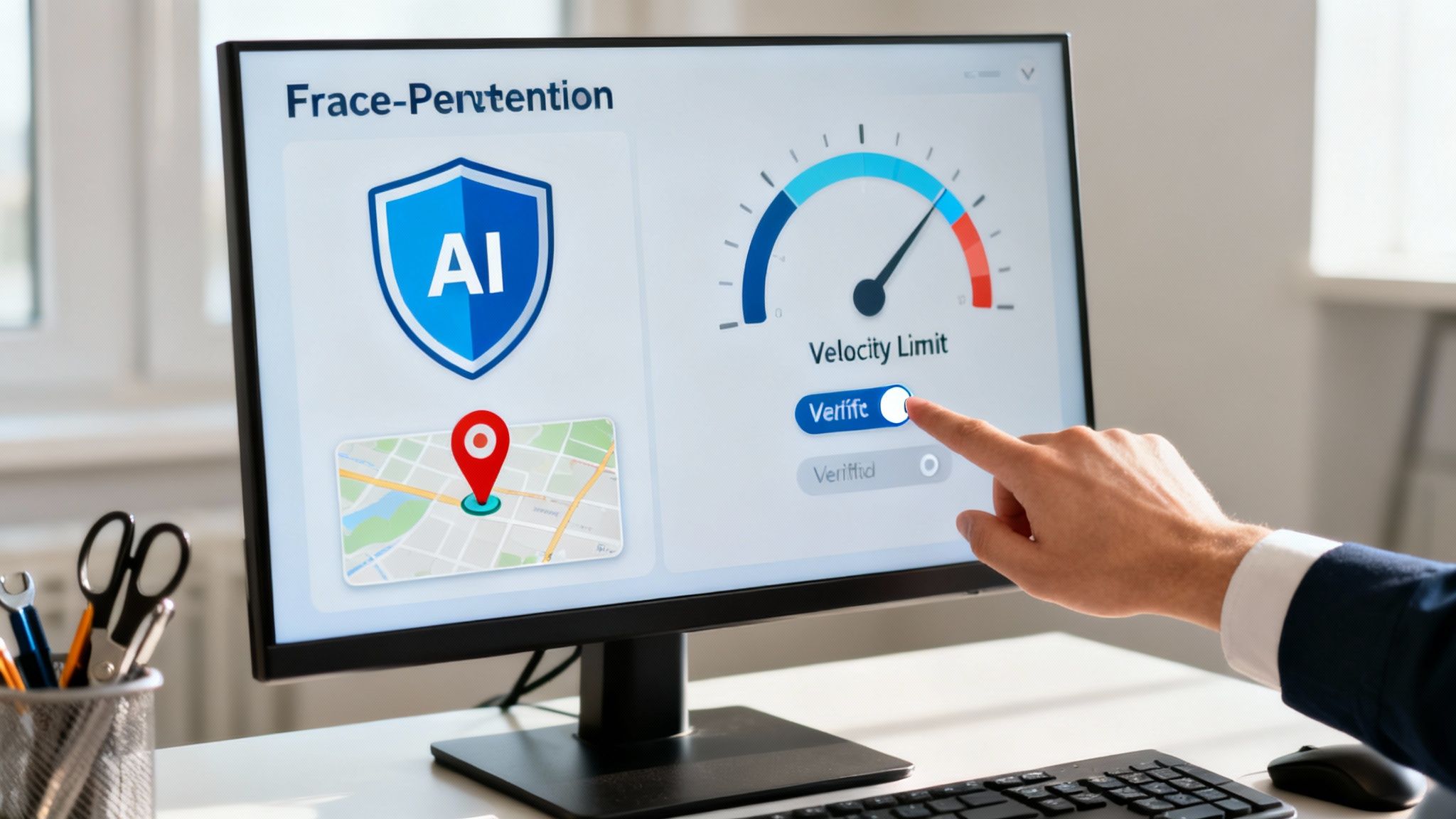 A hand touches a computer screen displaying an AI verification dashboard with a velocity limit and map.