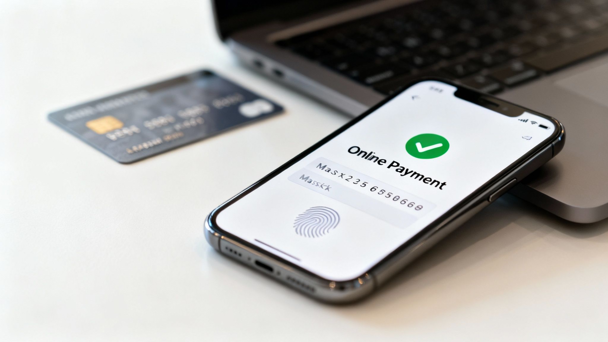 A smartphone displaying an 'Online Payment' screen with a checkmark, beside a credit card and laptop.
