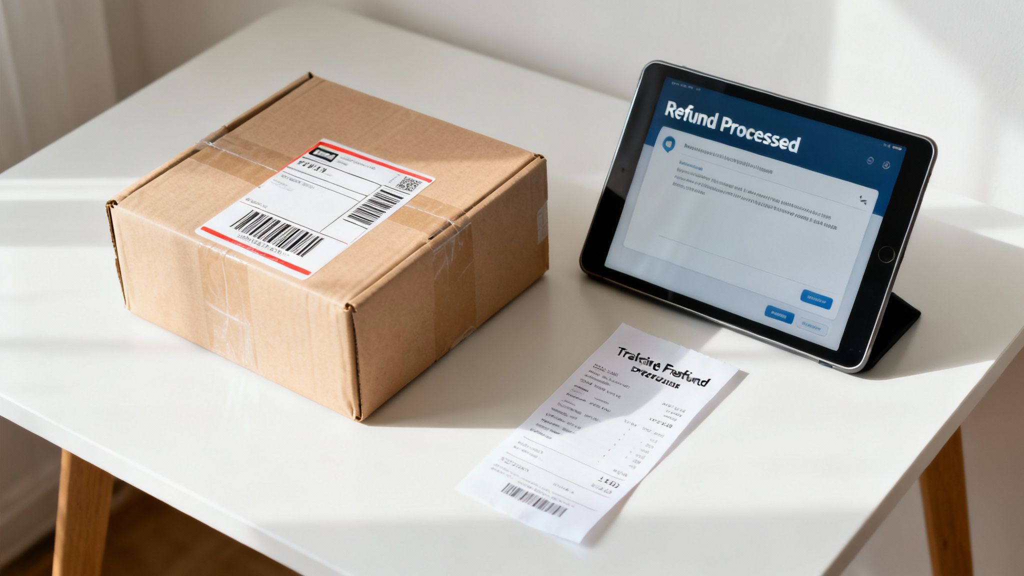 A shipping box, a tablet showing 'Refund Processed', and a receipt on a white table.