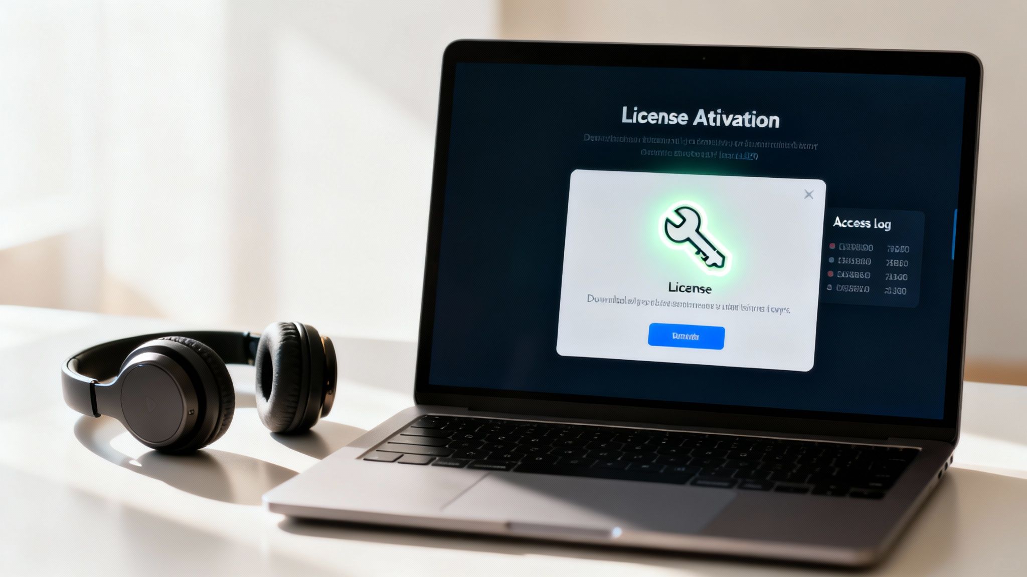 Black headphones lie next to a laptop showing a software license activation pop-up.