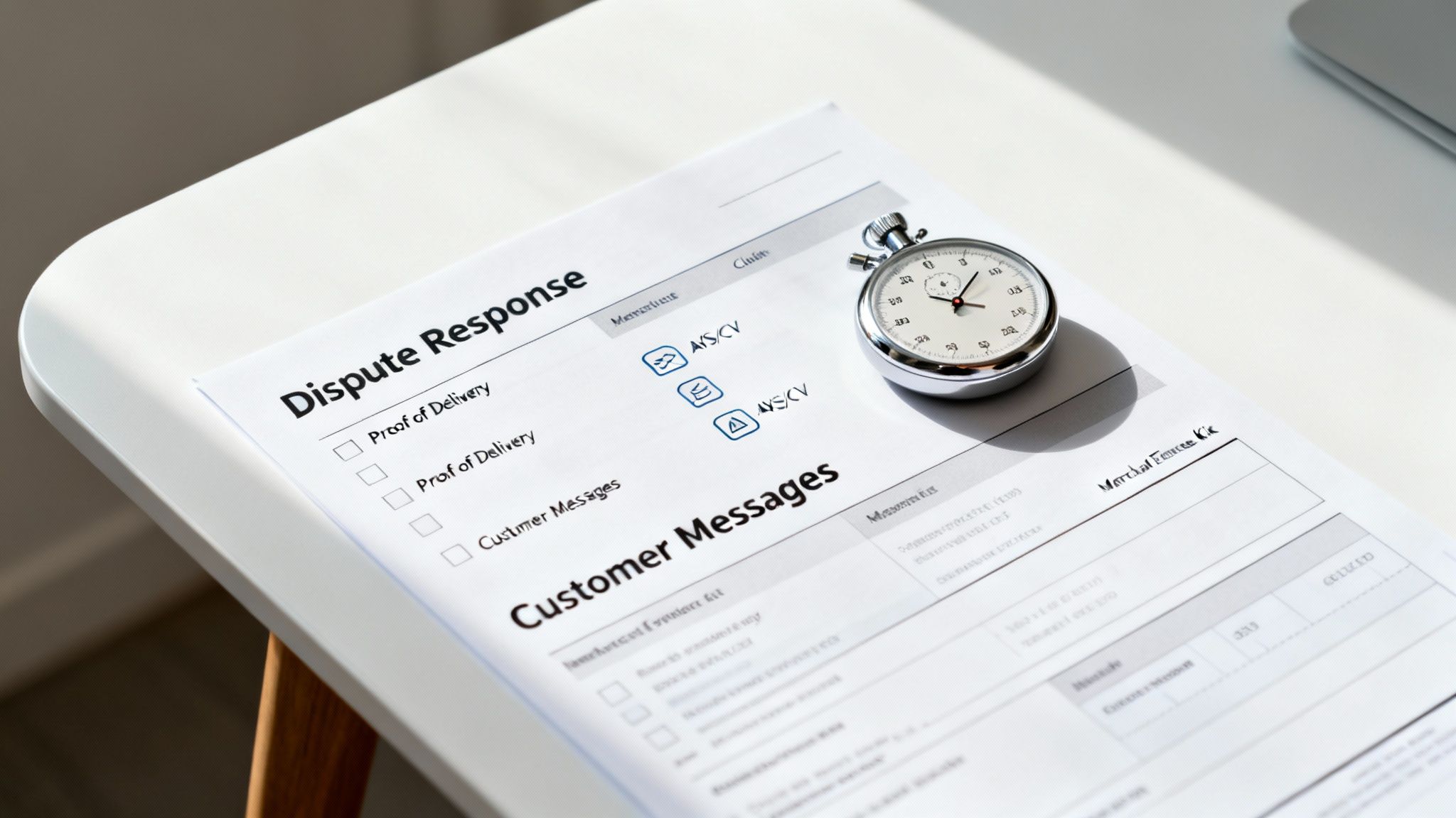 A 'Dispute Response' document with checkboxes and a stopwatch, symbolizing time-sensitive dispute resolution.