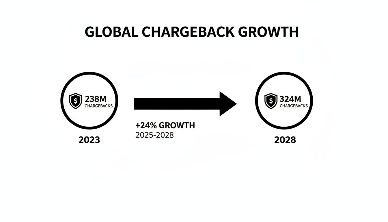 Global chargeback growth from $238 million in 2023 to $324 million by 2028, showing 24% increase.