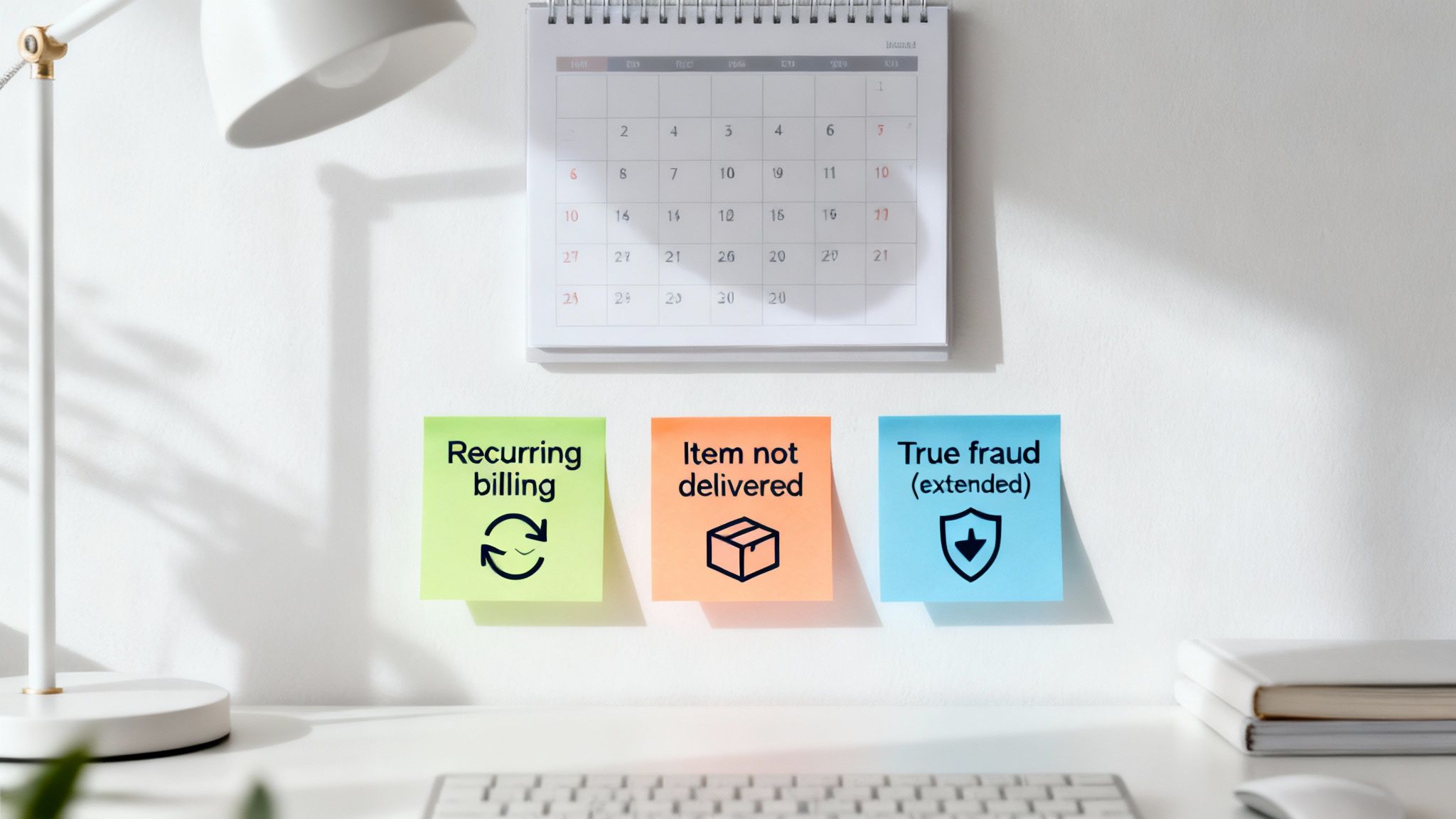 Sticky notes showing common credit card chargeback reasons: recurring billing, item not delivered, and true fraud.