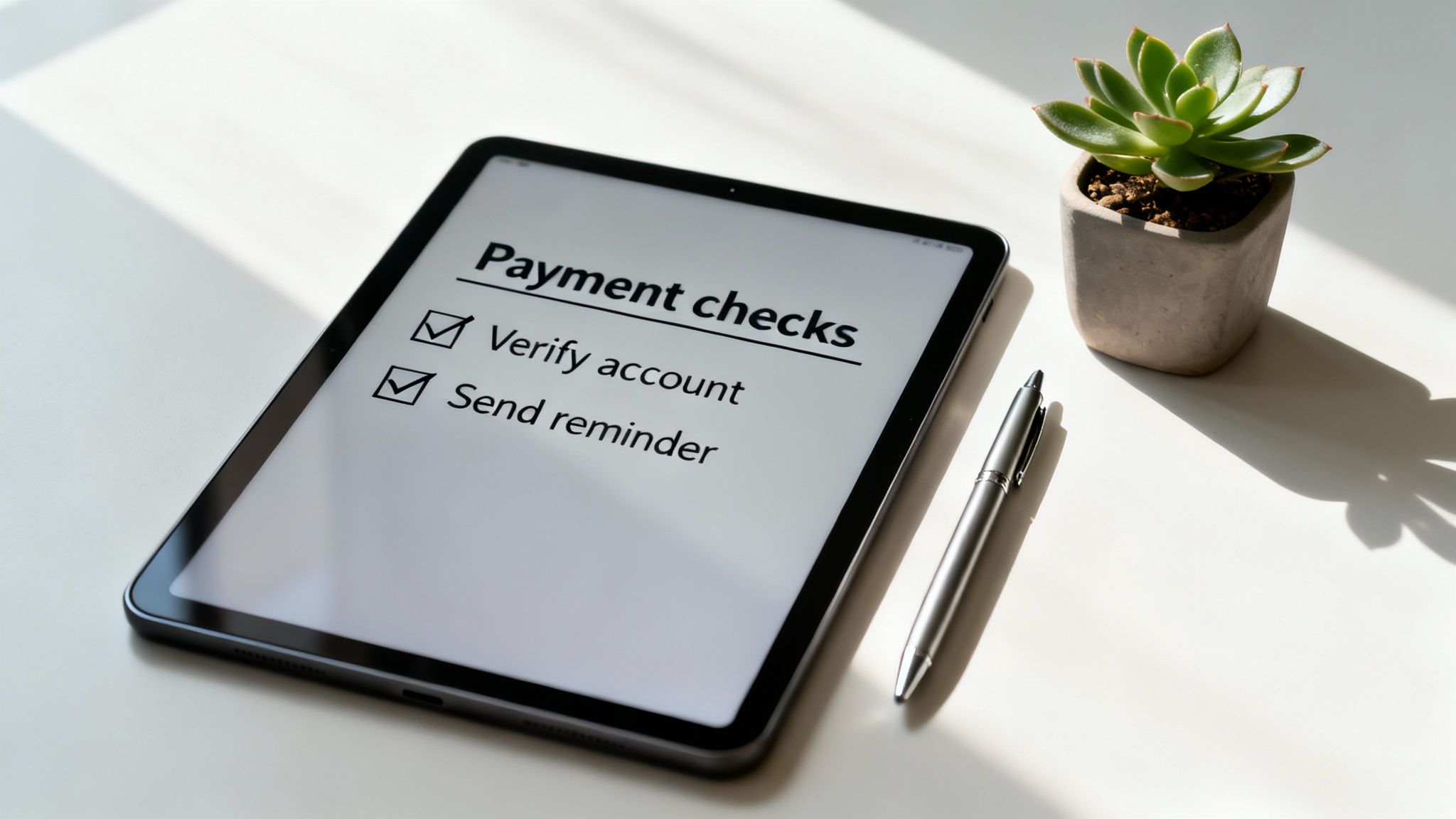 A tablet displaying a payment checks checklist, a metallic pen, and a succulent plant on a desk.