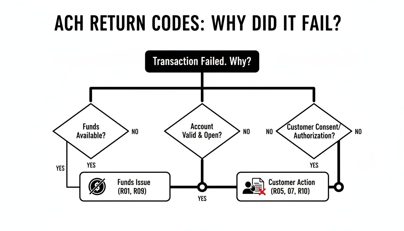 Flowchart explaining ACH return codes for transaction failures based on funds, account validity, and authorization.