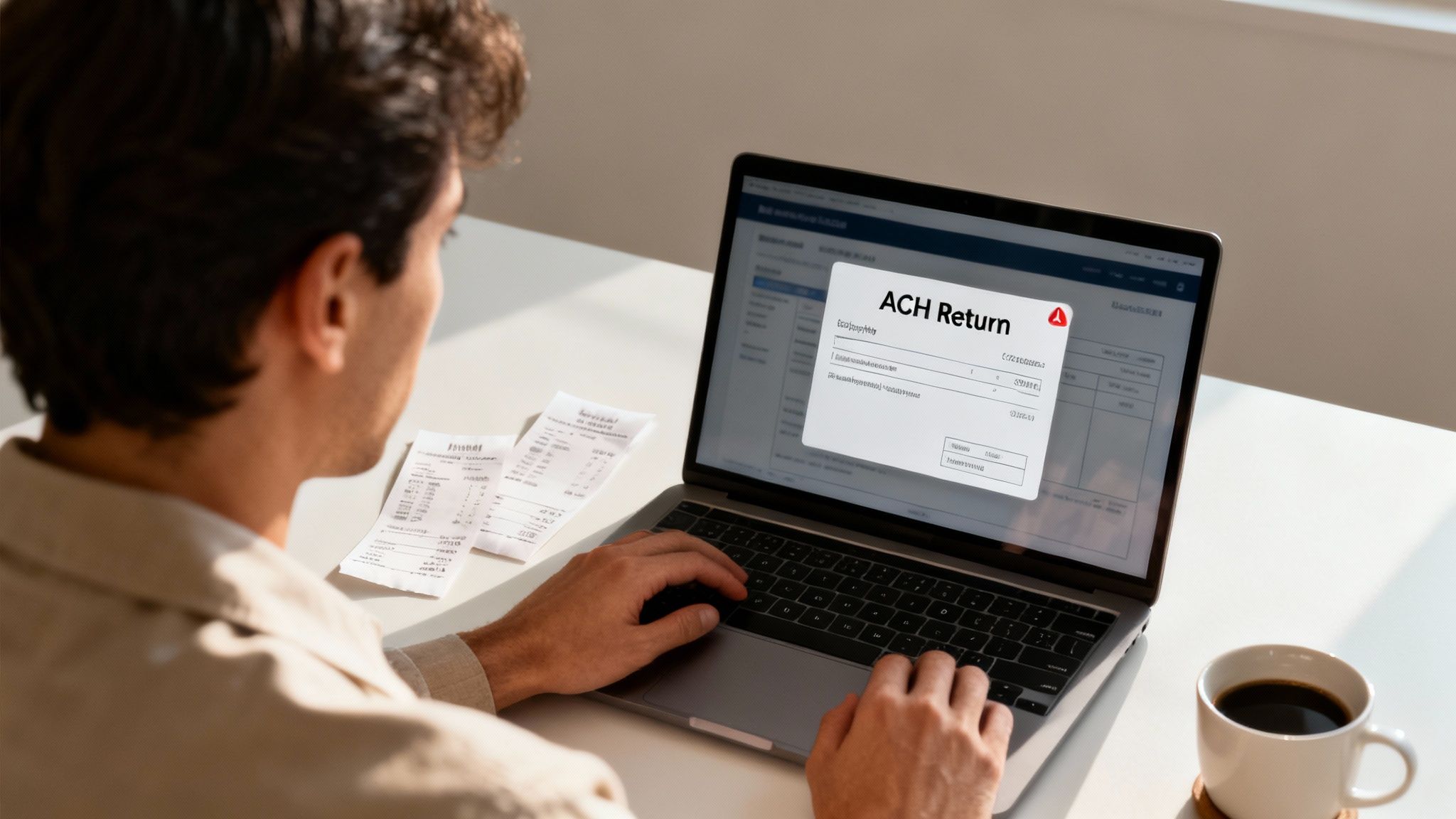 Man working on laptop with receipts, encountering an 'ACH Return' error message on screen.