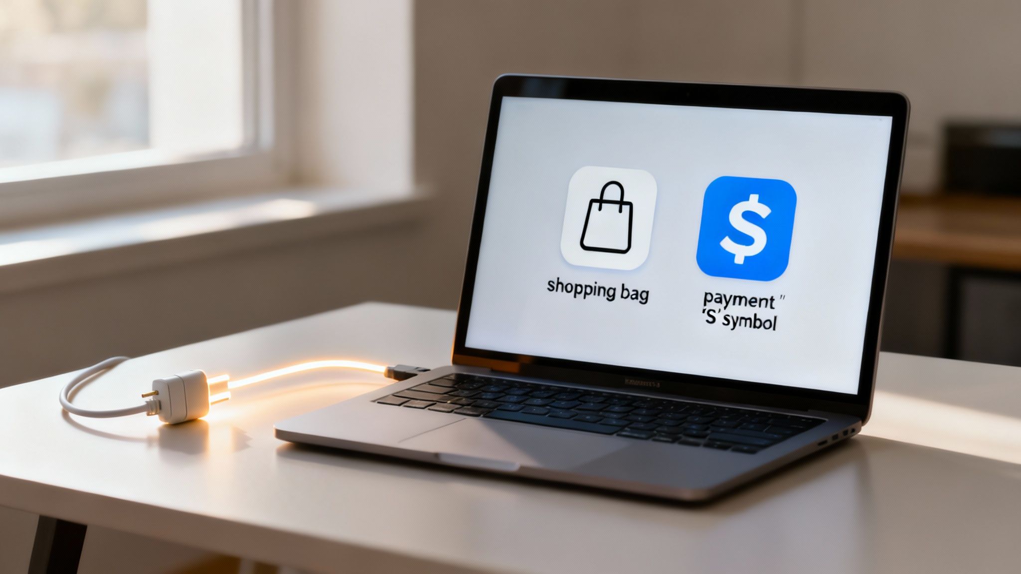 A laptop displaying online shopping and payment icons, connected by a glowing charging cable.