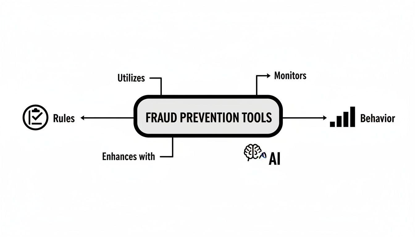 Diagram showing fraud prevention tools utilizing rules, monitoring behavior, and enhanced by AI.