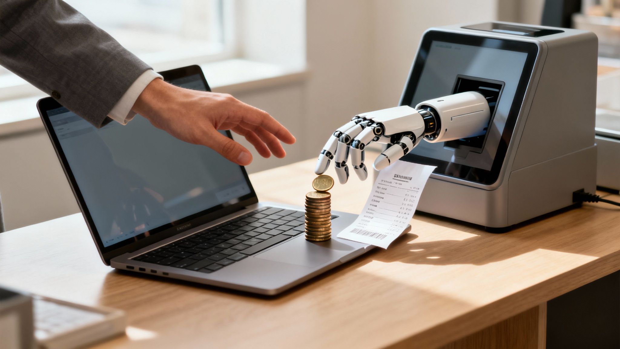 Automated financial transaction with human and robot hands interacting over coins and a receipt.
