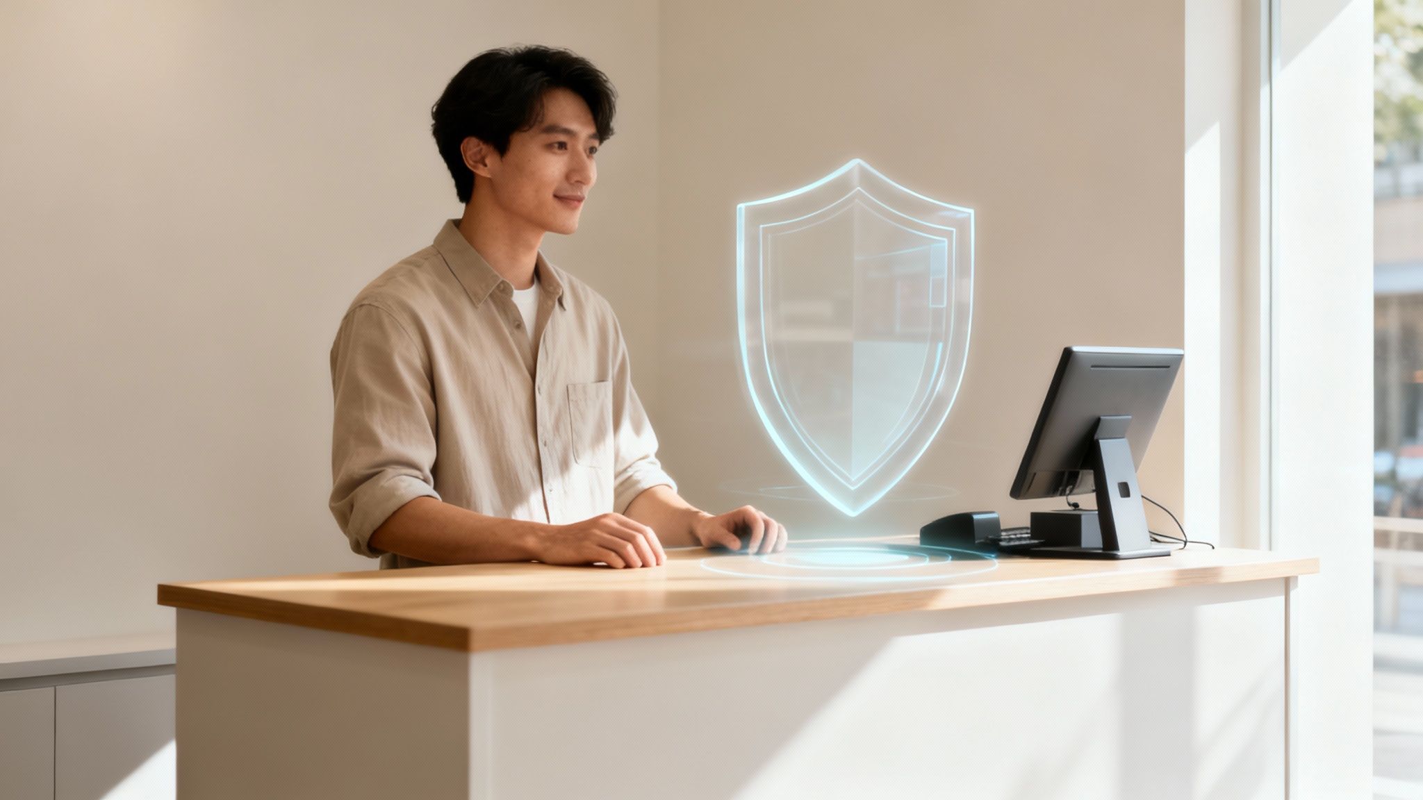 Smiling man at a counter with a computer and a glowing digital security shield.