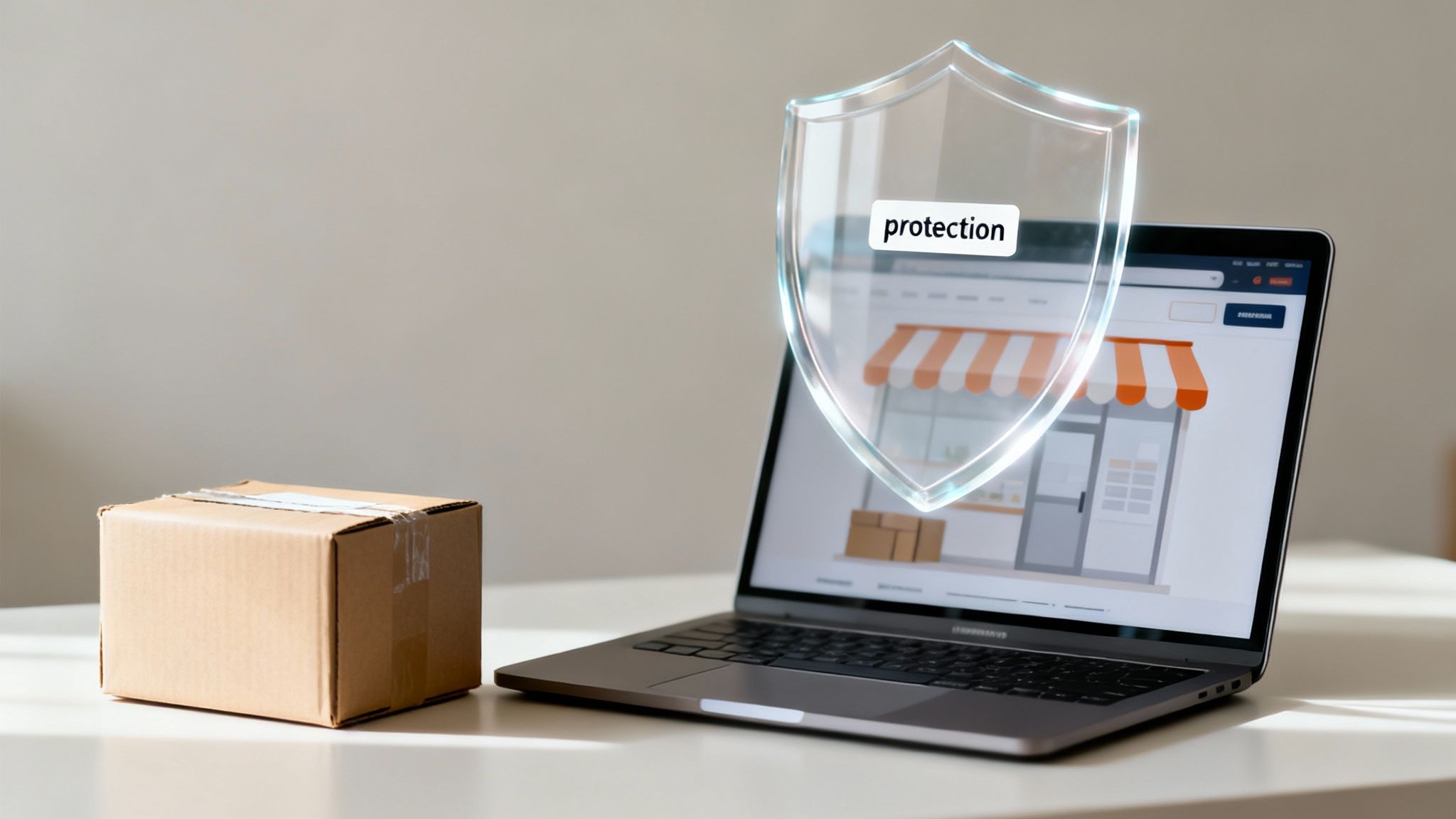 A laptop showing an online store with a shield icon displaying 'protection' and a delivery box.