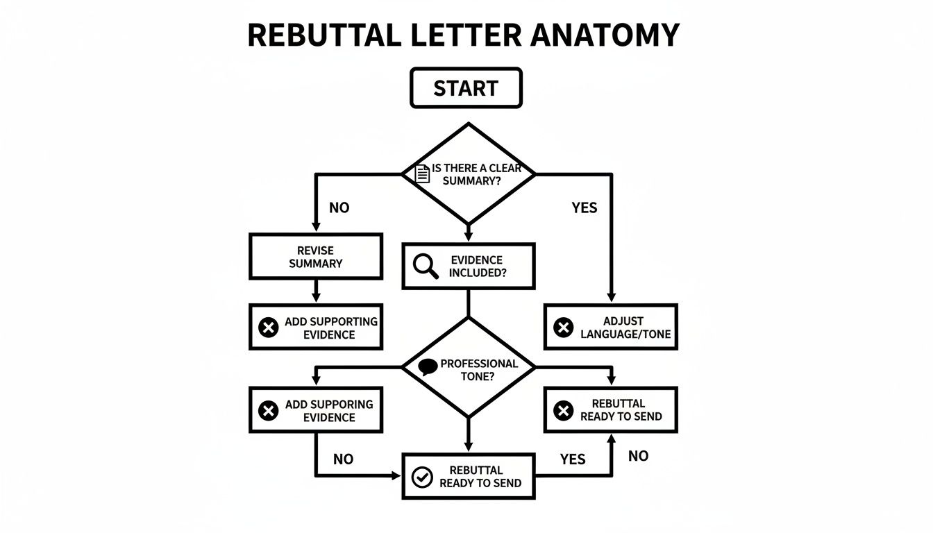 Flowchart for writing a rebuttal letter, outlining steps to ensure clarity, evidence, and professional tone.