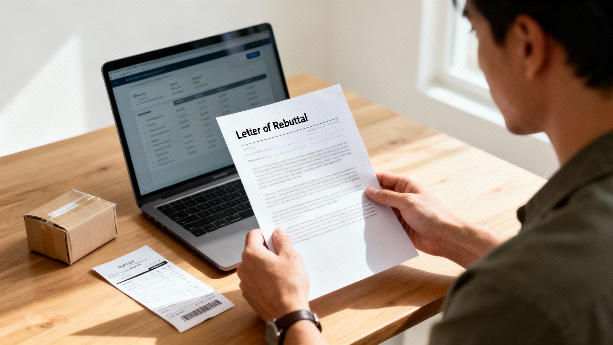 A man reads a Letter of Rebuttal document at a desk with a laptop, a small package, and a receipt.
