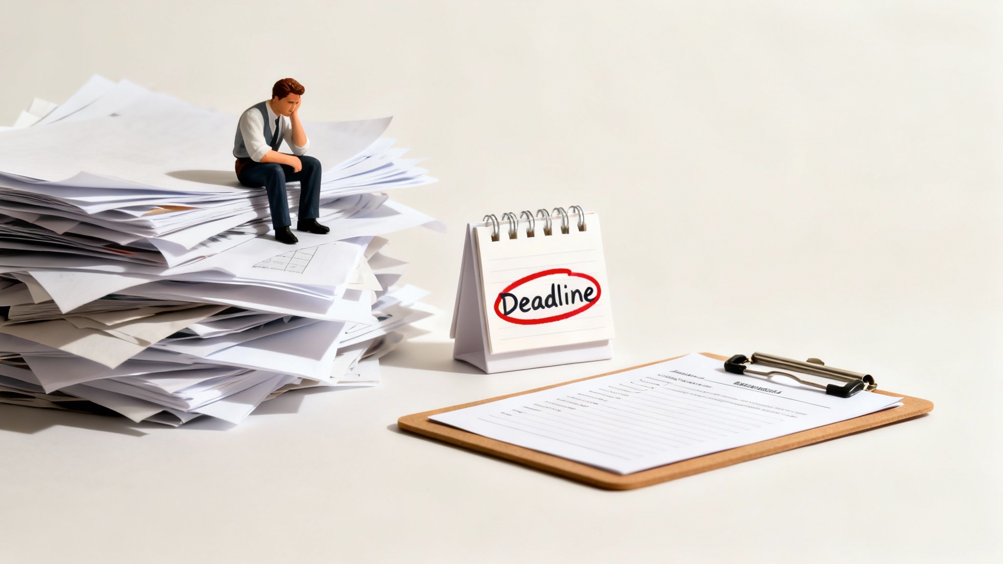 A figurine of a man feeling stressed sits on a huge pile of papers, with a 'Deadline' calendar nearby.