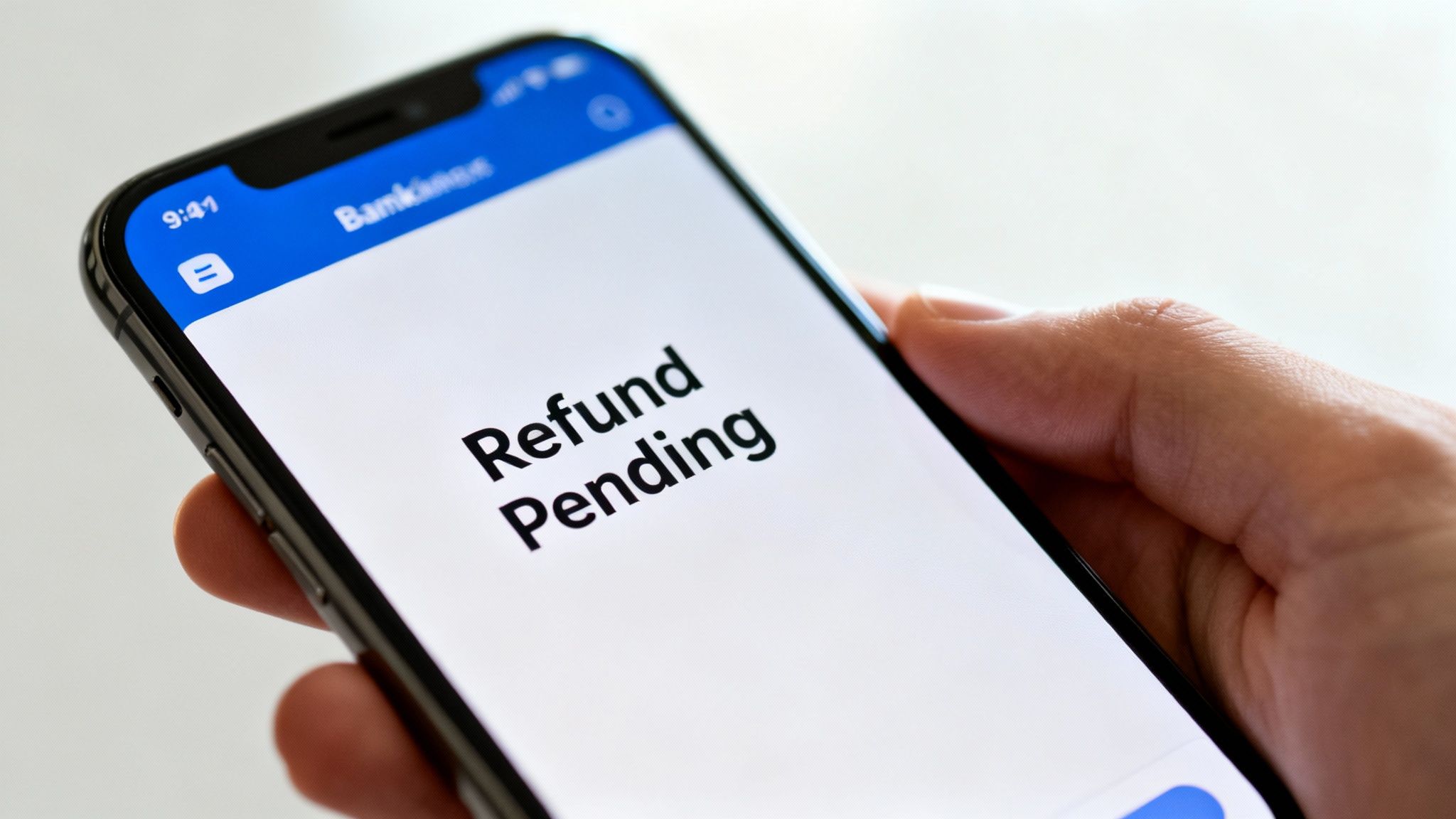 A hand holds a smartphone displaying a banking app with a 'Refund Pending' message on the screen.
