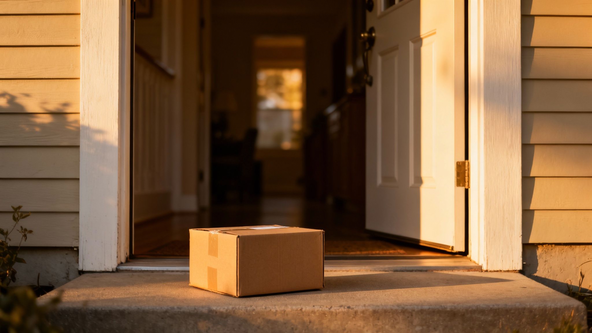 A brown delivery box sits on a sunlit concrete porch in front of an open white front door.