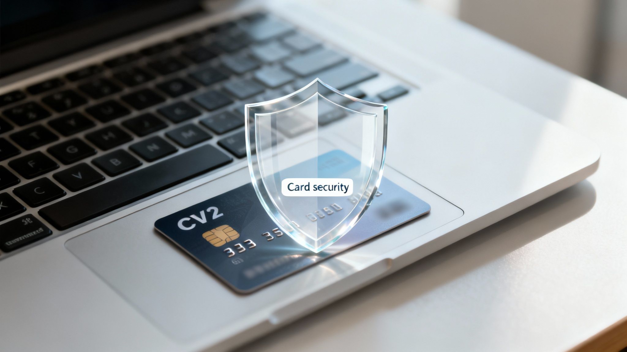A credit card on a laptop keyboard, protected by a digital shield displaying 'Card security'.