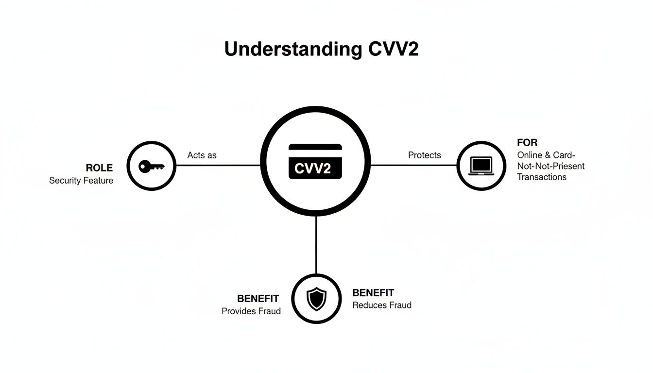 An infographic illustrating CVV2's role as a security feature protecting online and card-not-present transactions, reducing fraud.