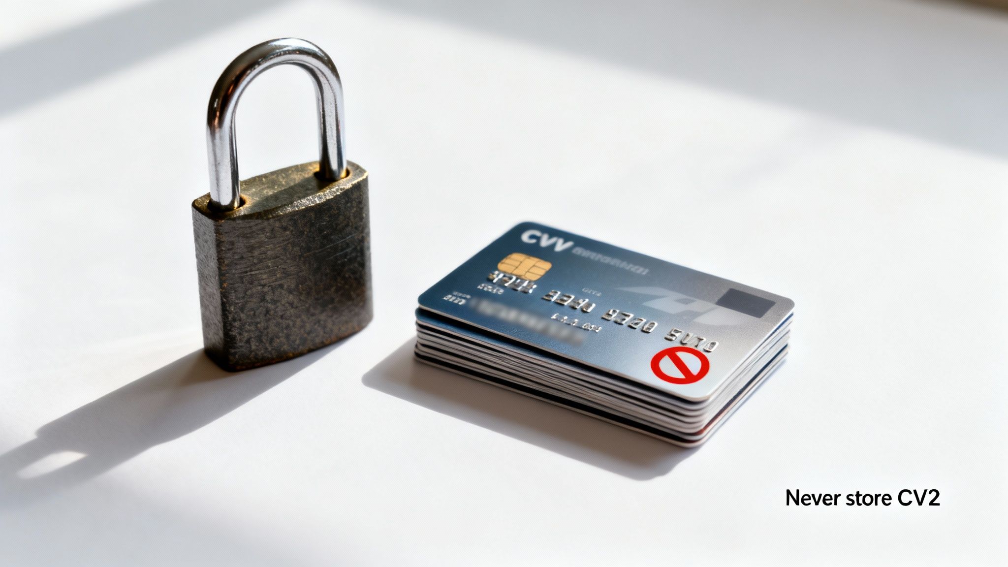 A padlock symbolizing security next to a stack of credit cards, with a warning to never store CV2.