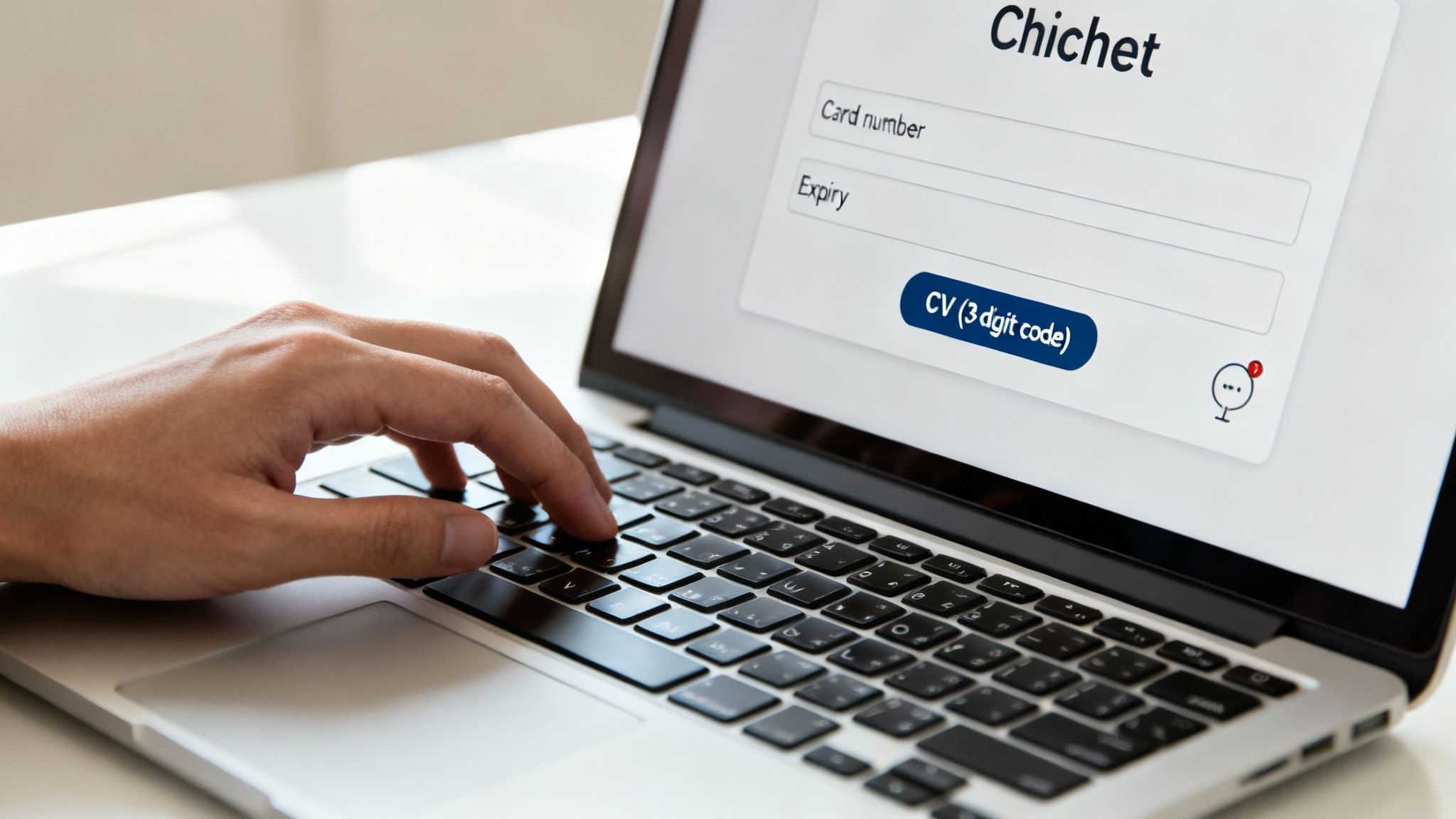 A person is typing on a laptop, filling out a credit card payment form for "Chichet".