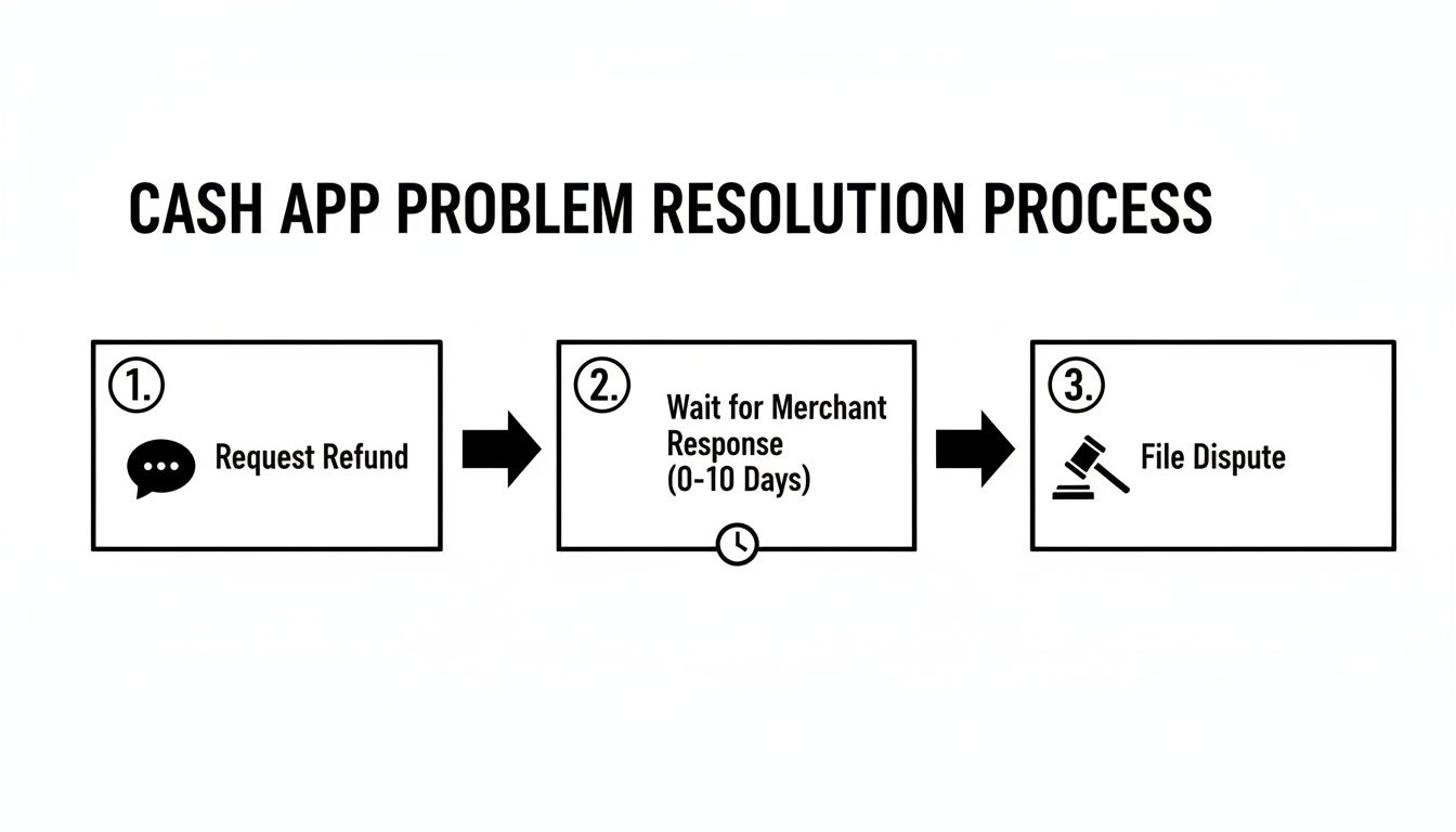 A flowchart detailing the Cash App problem resolution process, from requesting a refund to filing a dispute.