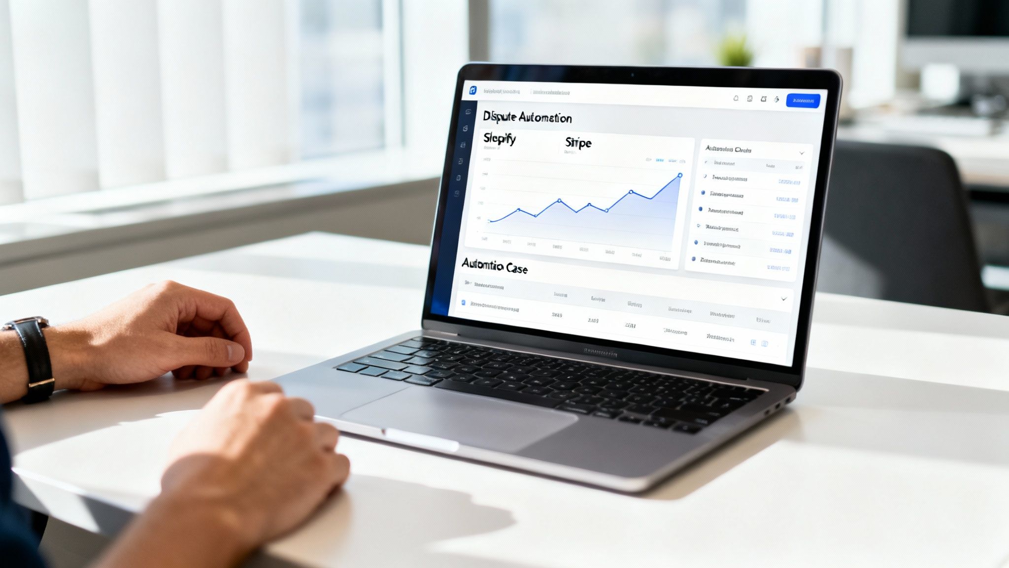 A person's hands next to a laptop displaying a business automation and analytics dashboard.