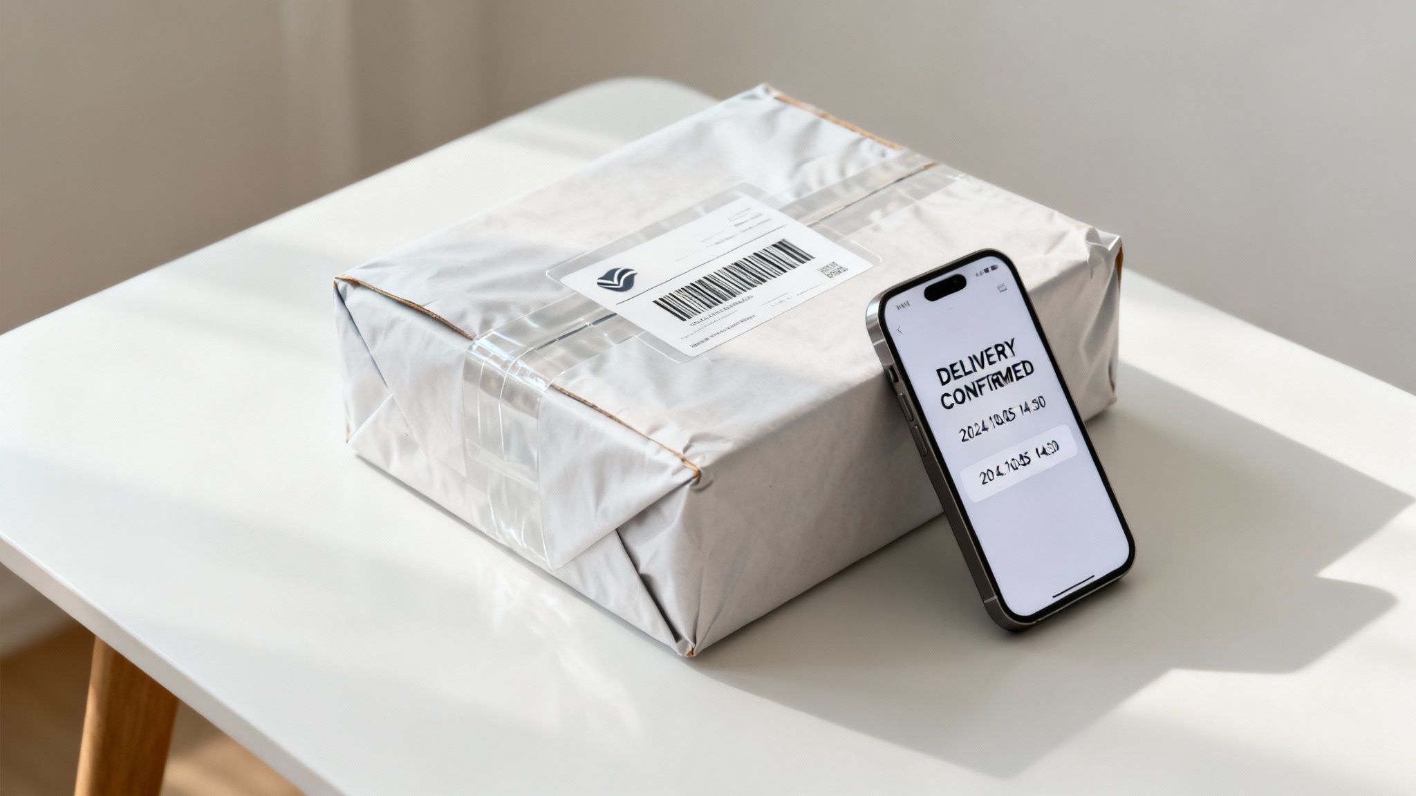 A parcel with a shipping label next to a smartphone showing 'DELIVERY CONFIRMED' on a table.