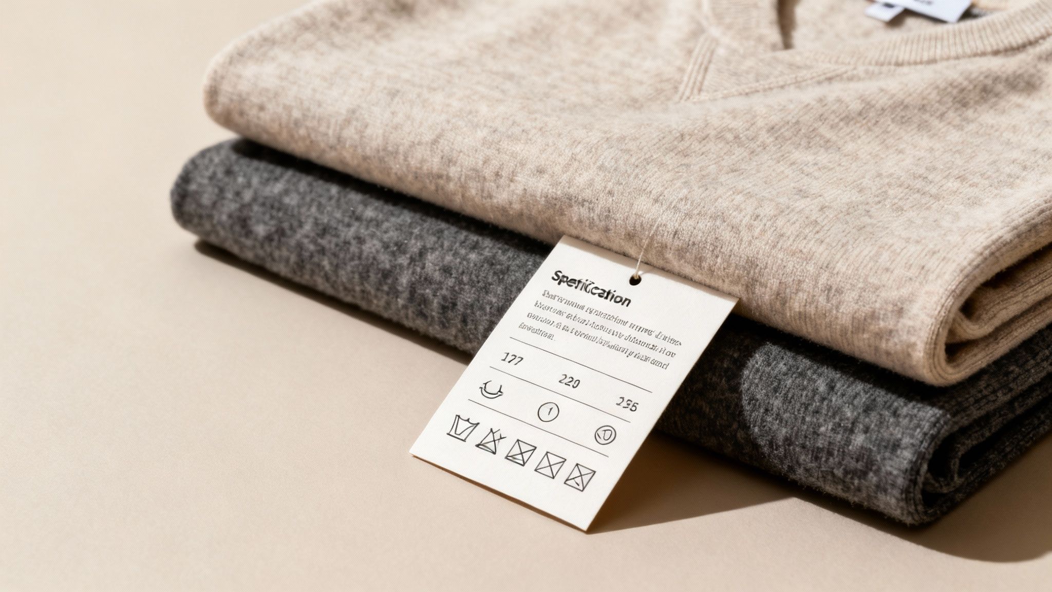 A stack of folded beige and grey sweaters with a product specification tag visible.
