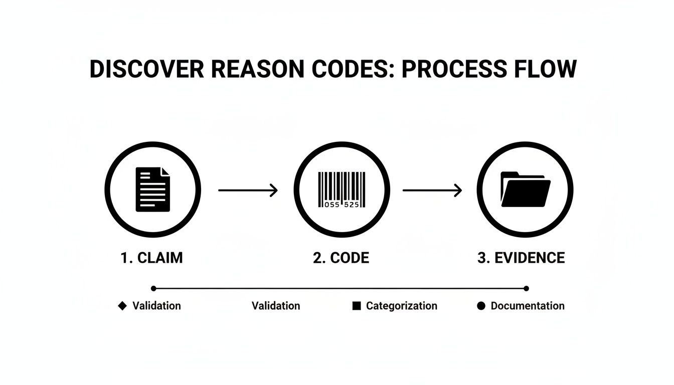 A three-step process flow titled 'Discover Reason Codes' showing Claim, Code, and Evidence, with validation, categorization, and documentation.