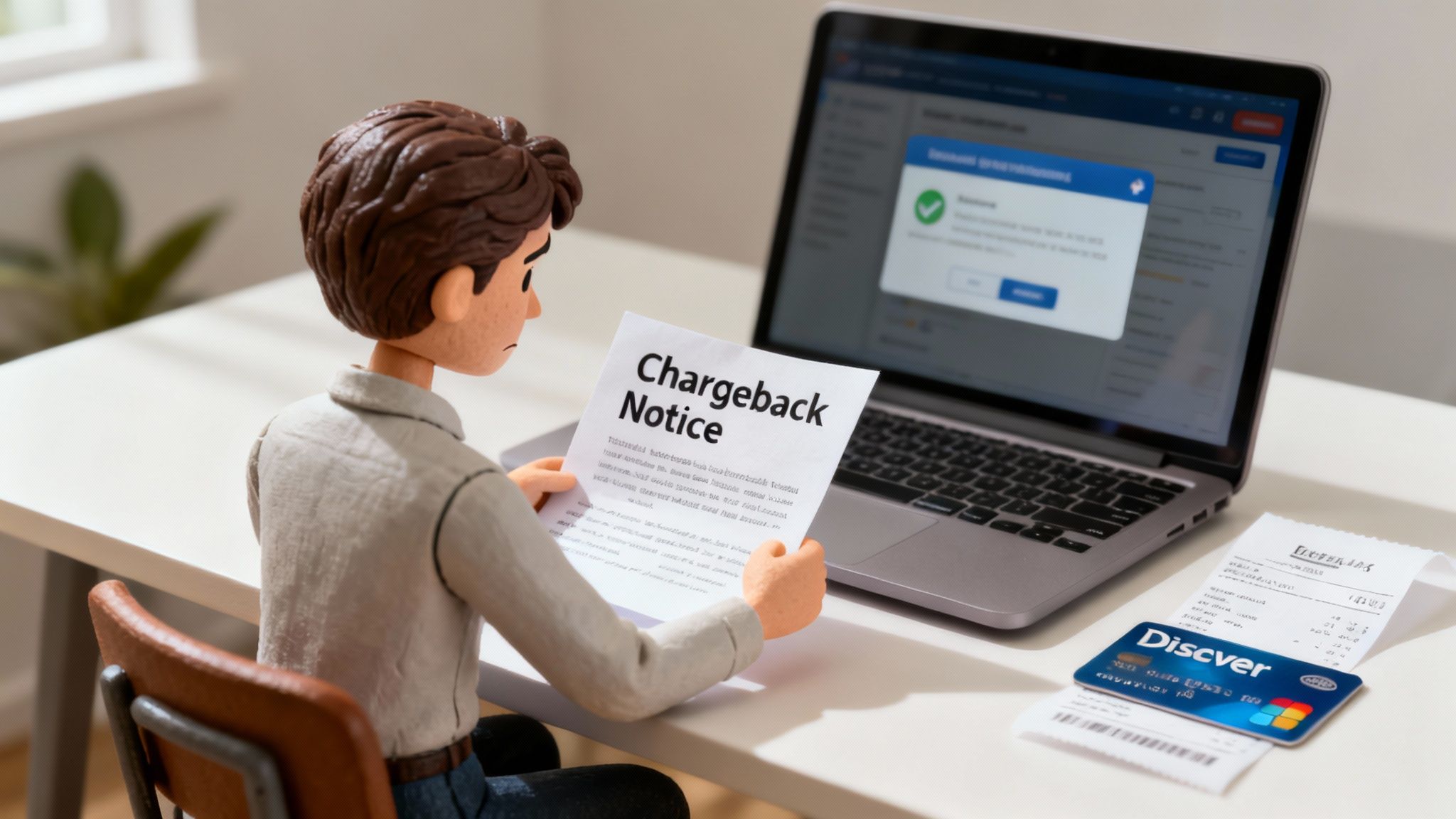 A claymation figure holds a 'Chargeback Notice' document, appearing worried, with a laptop and a Discover card on the desk.