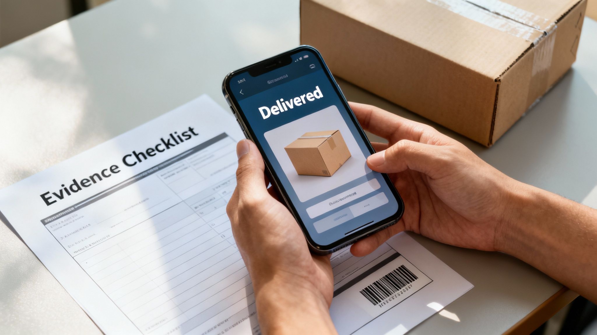 Hands holding a phone displaying a package delivered status next to a cardboard box and checklist.